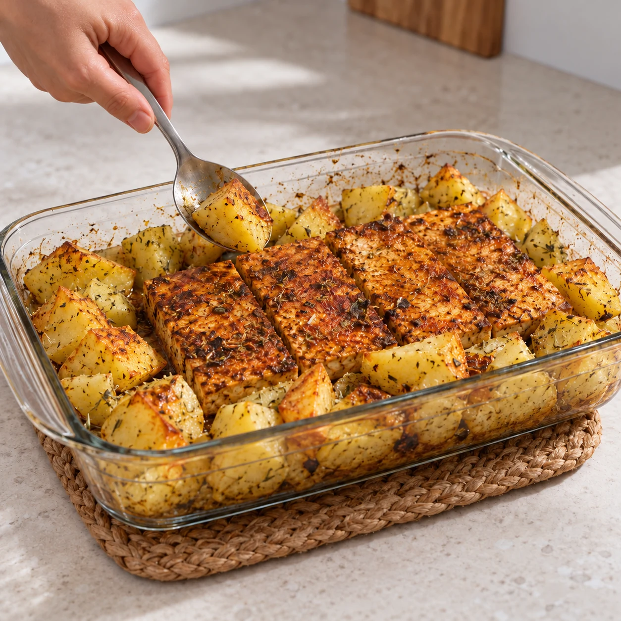 Main anonyme retournant à la cuillère les morceaux de pommes de terre autour du tofu dans le plat, mi-cuisson.