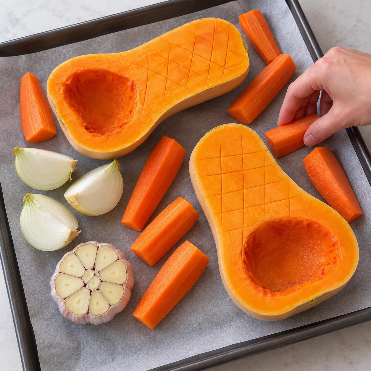 Disposez les moitiés de butternut, les carottes, les quartiers d’oignon et la tête d’ail sur une plaque, faces coupées vers le haut. Montrer une seule phase et uniquement les ingrédients cités.