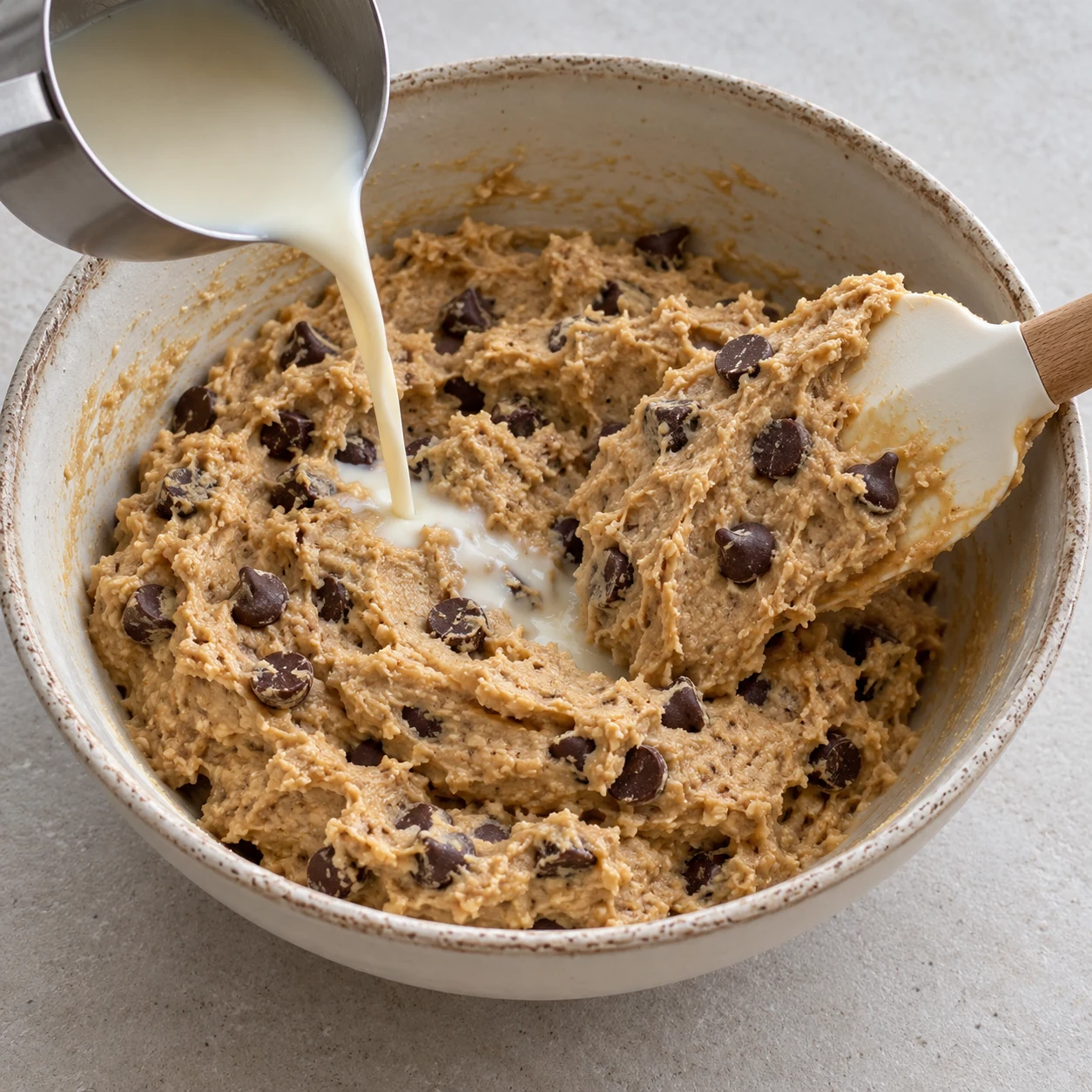 Doseur en métal qui verse un filet de boisson de soja blanche dans un saladier de pâte à cookie beige piquetée de pépites de chocolat noir.