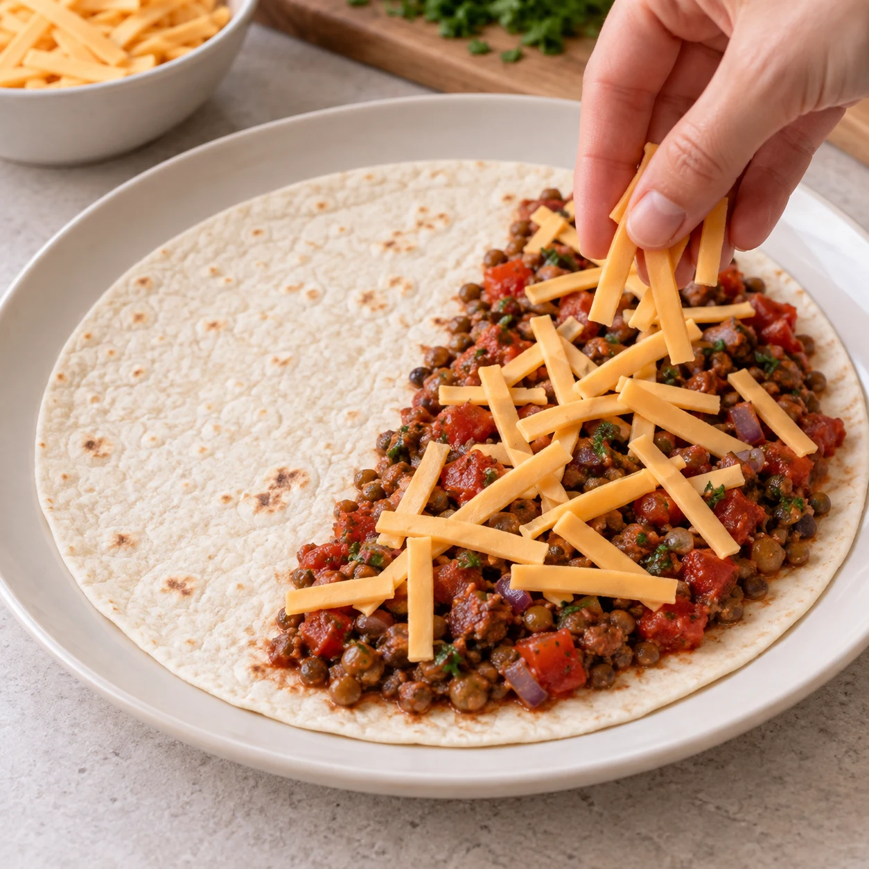 Photographie pédagogique carrée : Répartis les lanières de fromage végétal sur la garniture ; utilise les 100 g pour l’ensemble des six tacos. Résultat : Le fromage est réparti sur la garniture, sans déborder de la tortilla. Mains adultes anonymes seulement si nécessaires ; lentilles cuites petites et brunes à la place des haricots rouges de la capture, option source documentée ; fromage végétal au lieu de laitier lorsque présent. Aucun texte.