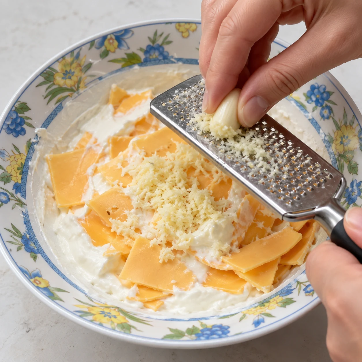 Râper l’ail. Râpe la gousse d’ail dans le saladier, en éloignant les doigts de la râpe. Une seule action ; uniquement les ingrédients déjà présents à cette étape. Photographie carrée de livre de cuisine, sans personne identifiable ni texte.