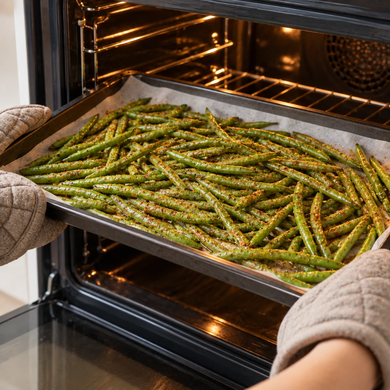 Plaque de haricots verts assaisonnés glissée dans un four par des mains protégées par maniques, sans dorure finale.
