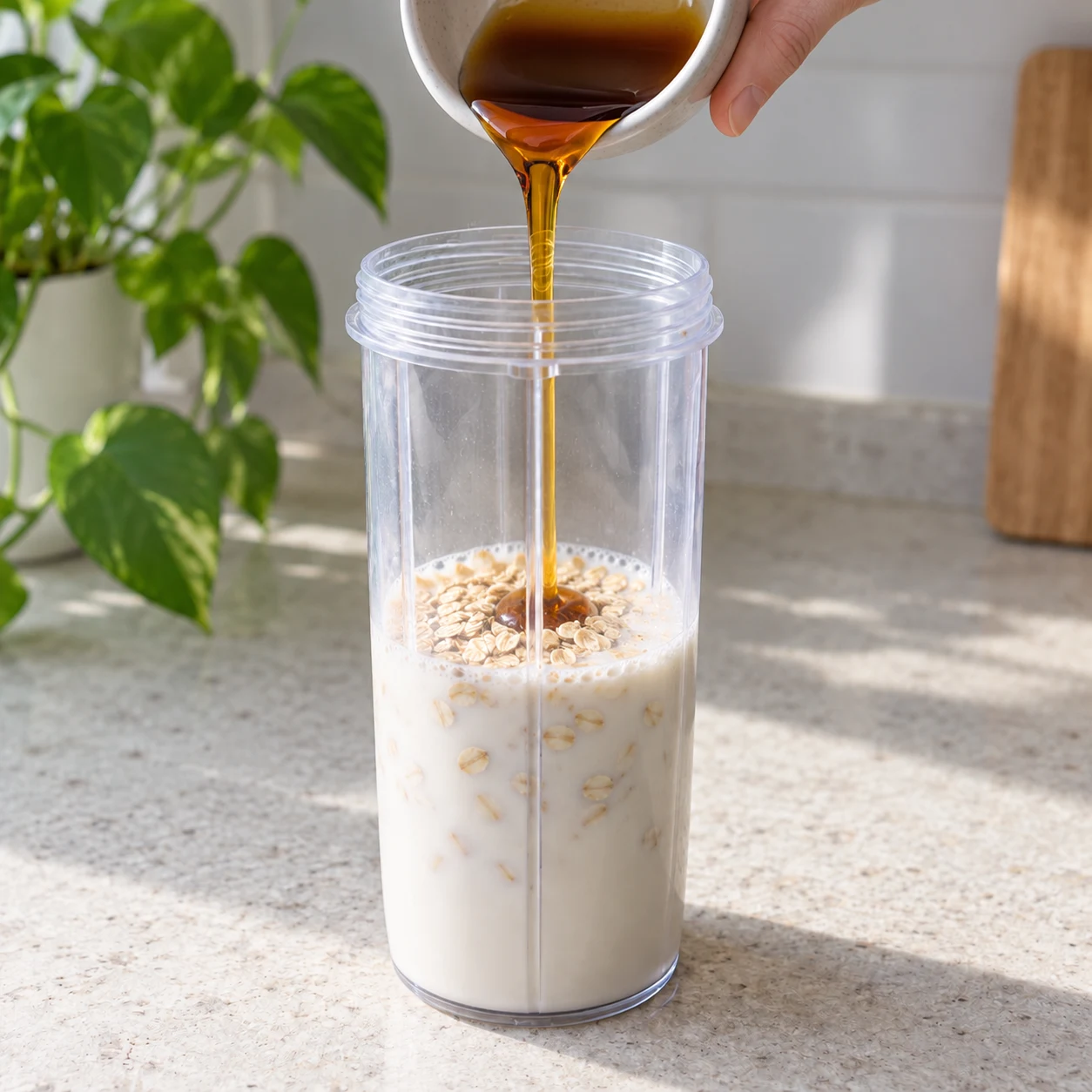 Sirop ambré versé dans le lait contenant les flocons.