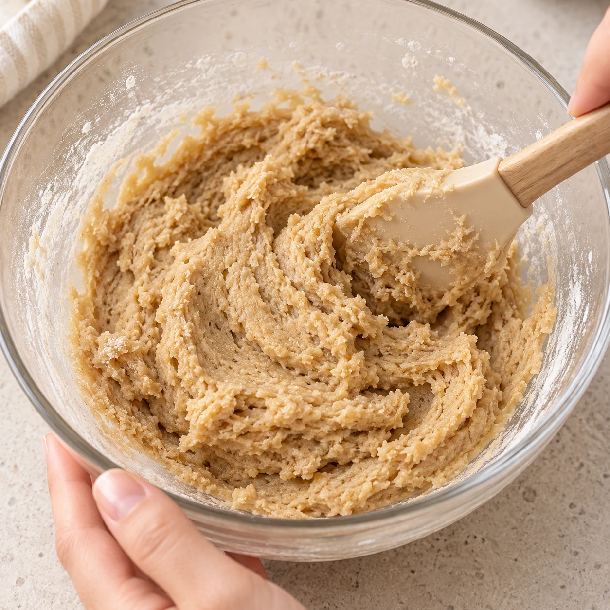 Une spatule incorpore les poudres à la pâte claire ; aucun chocolat à ce stade.