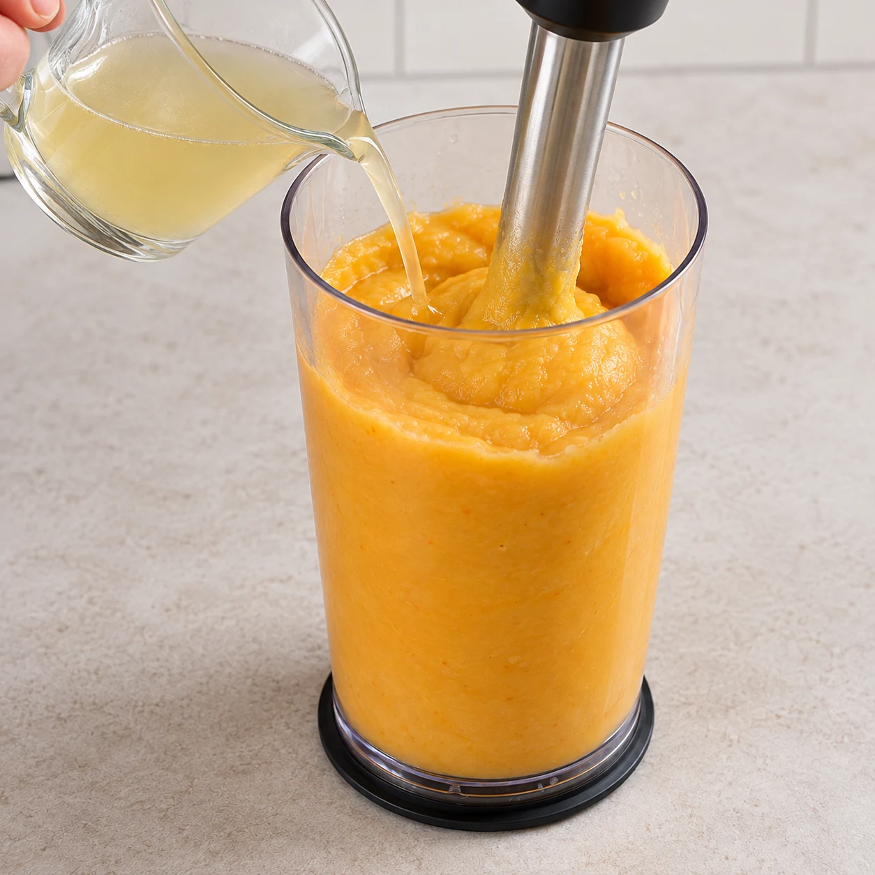 Ajuster la texture : La purée reste lisse et se dépose souplement à la cuillère.