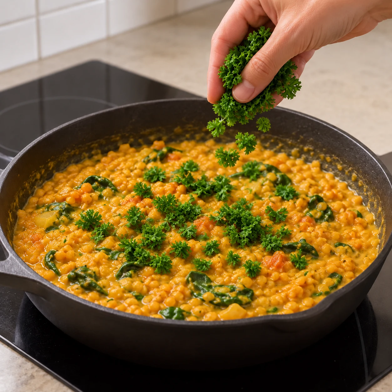 Ajoute la poignée de persil frais dans le curry. Le résultat visuel : De petites feuilles de persil sont réparties dans le curry.