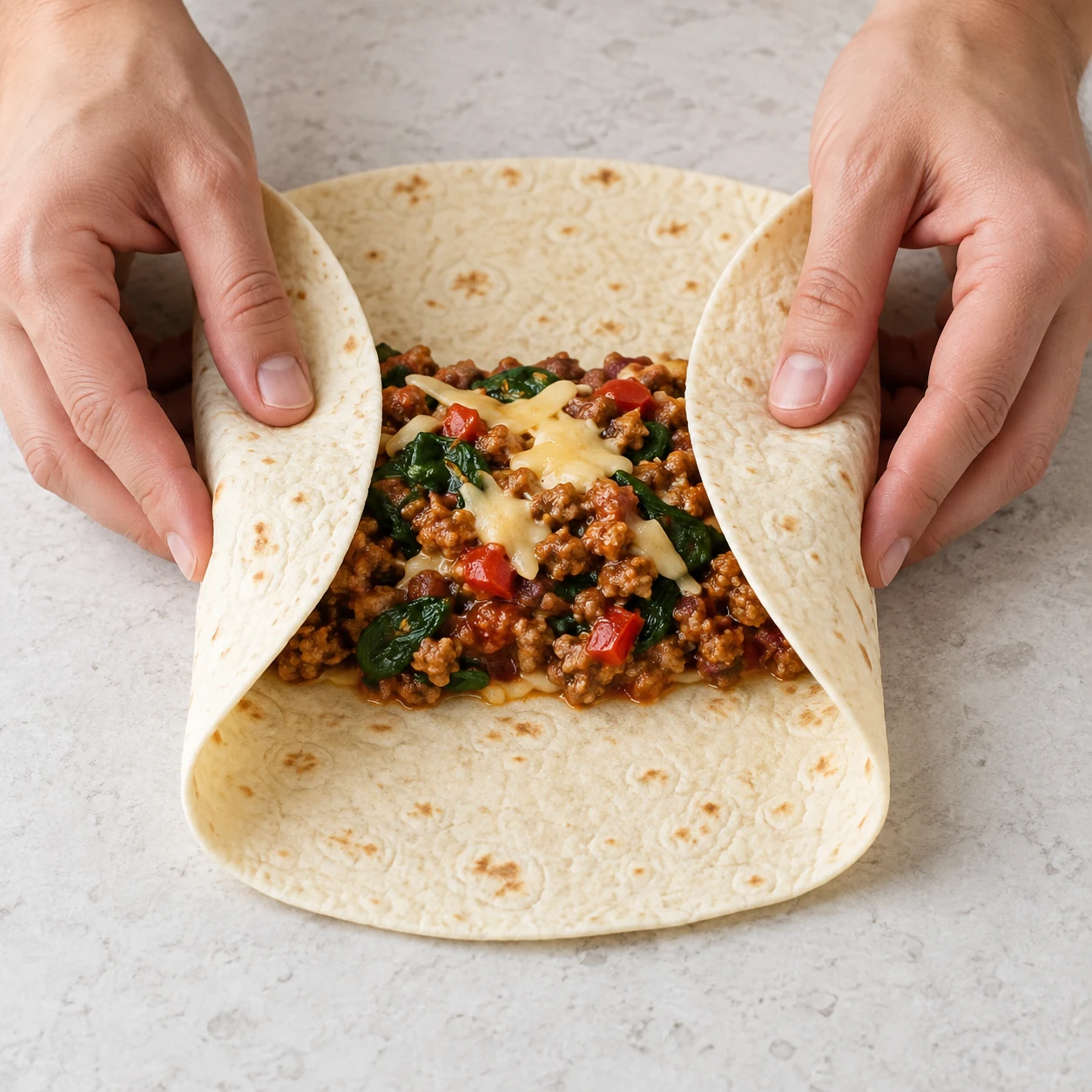 Rabats les deux côtés de la tortilla vers le centre. Montrer uniquement les ingrédients présents à ce stade, sur un plan de travail en pierre claire.