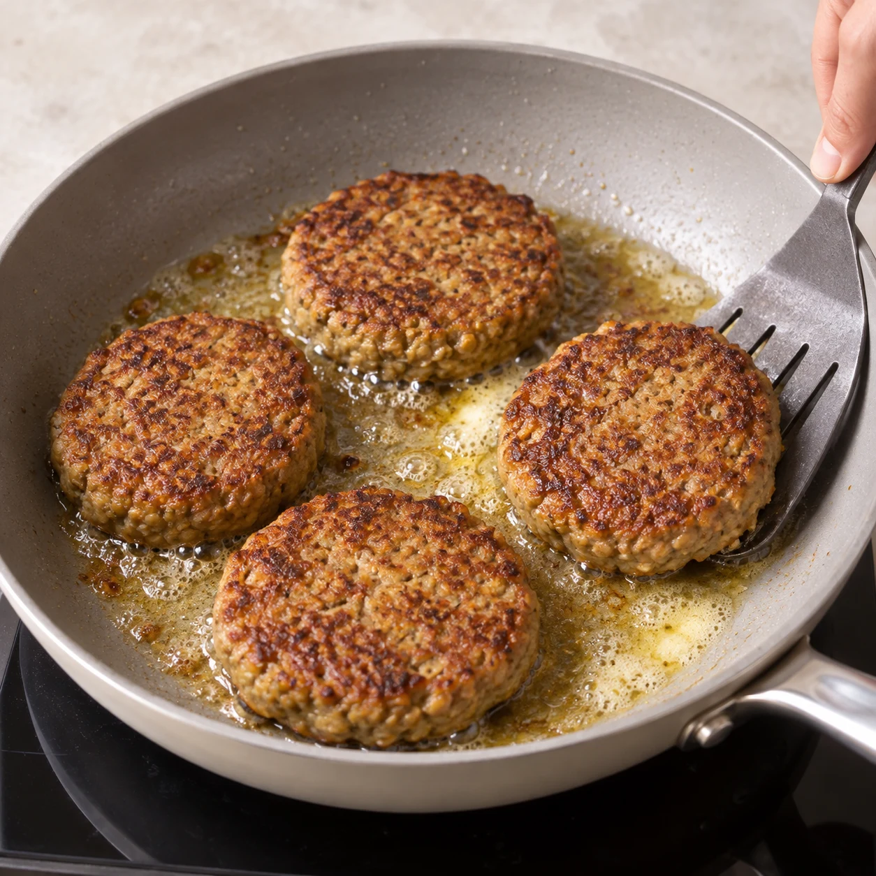 Quatre steaks végétaux déjà formés, aux bords arrondis dorant dans une poêle avec un peu de matière grasse.