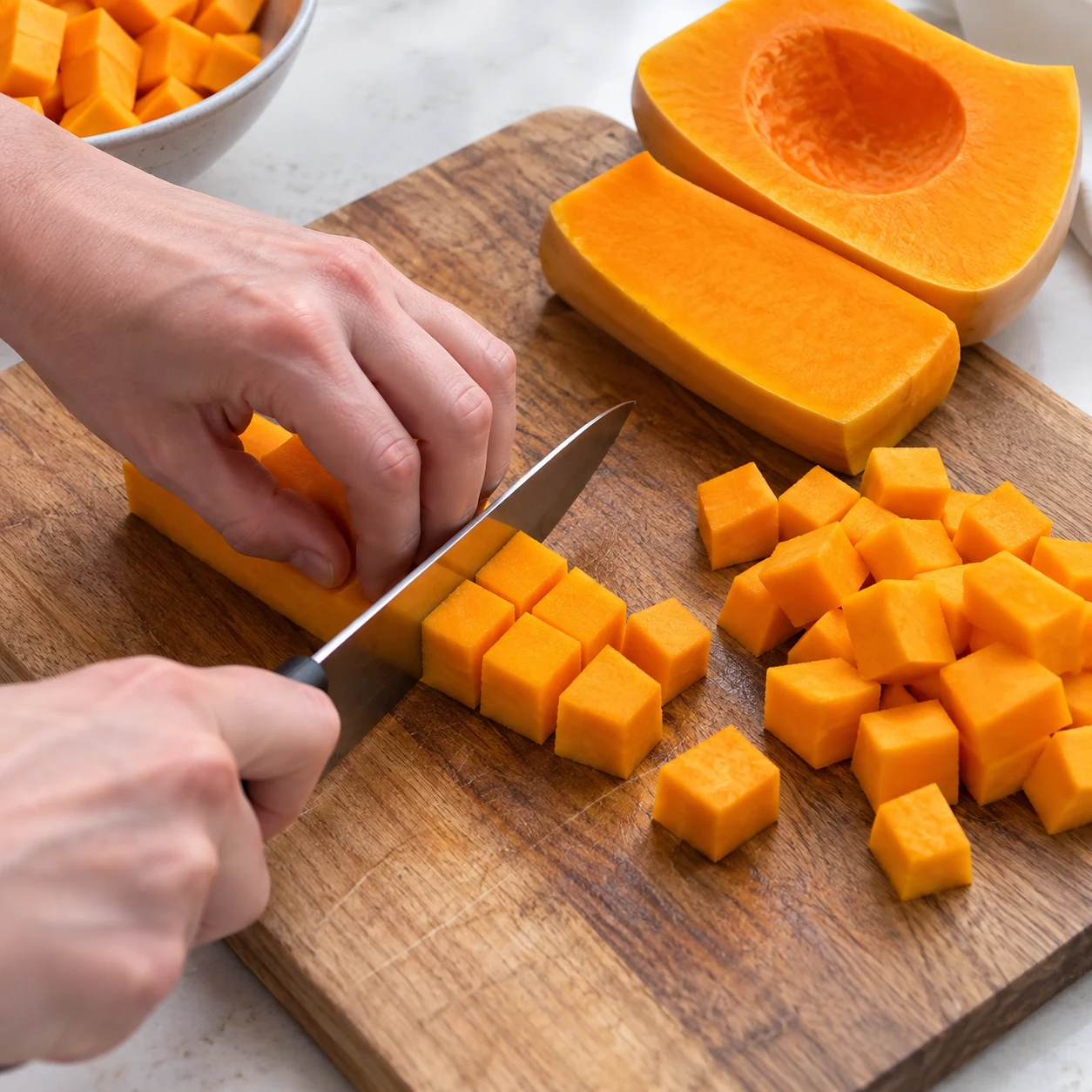 Découpe active en dés orange, prise en griffe sûre sur une planche.