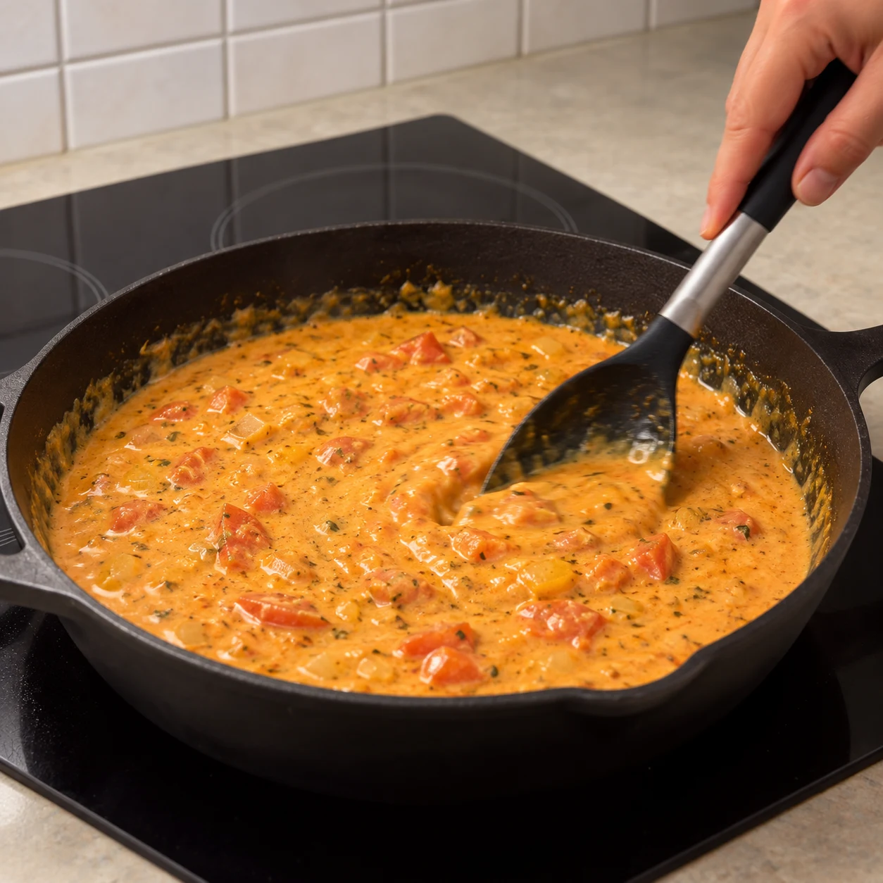 Mélange le lait de coco et les tomates avec les aromates. Le résultat visuel : La sauce devient orange, sans grande poche de lait de coco blanc.
