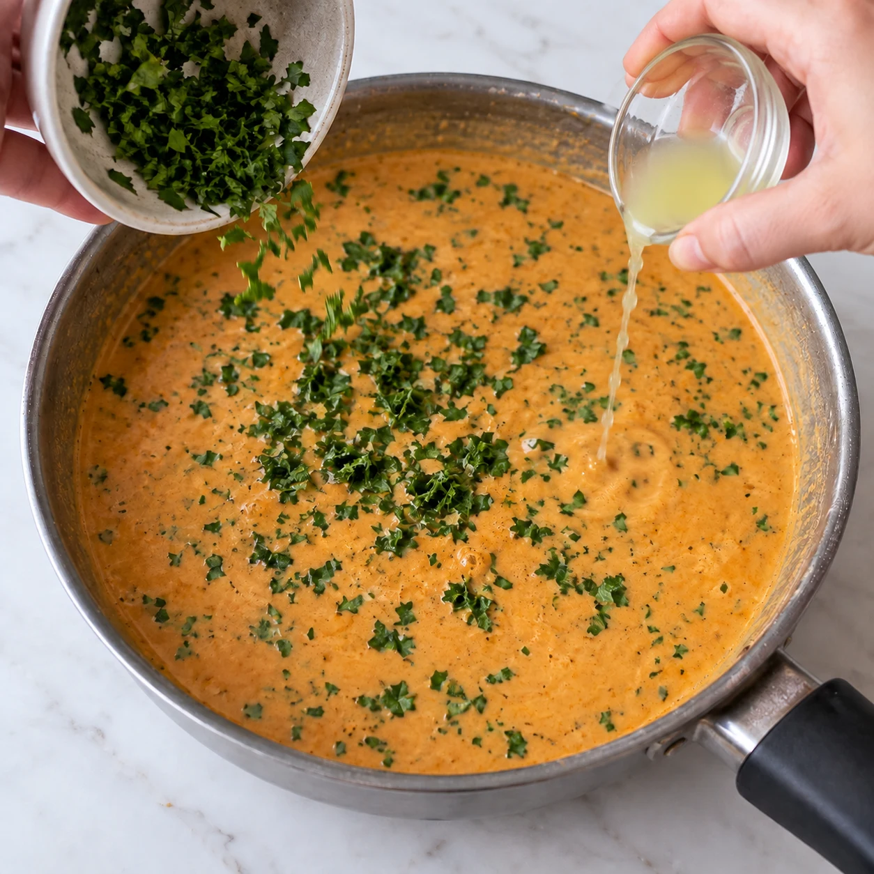 Hors du feu, ajoutez le persil haché et le jus du demi citron vert au bouillon.