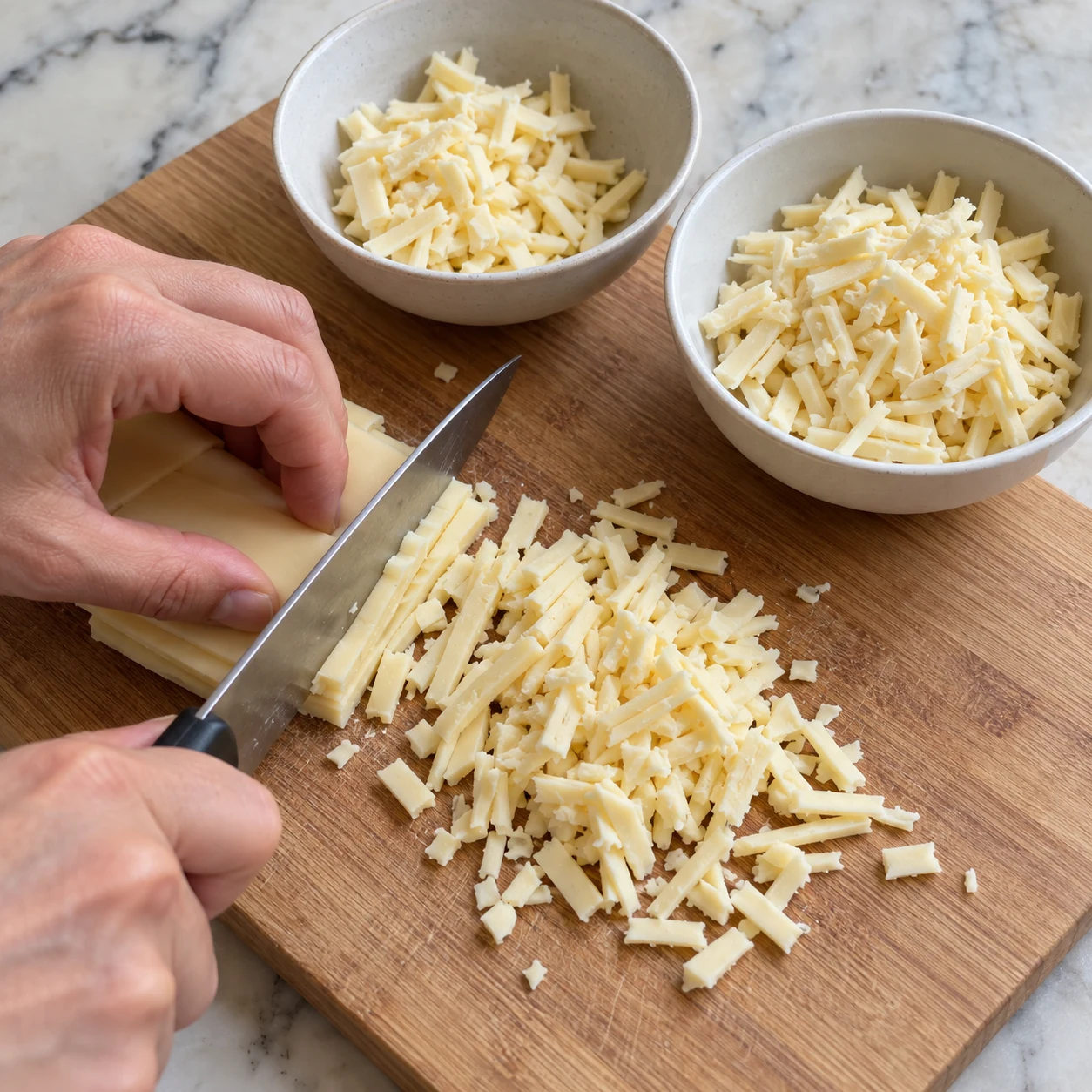 Main anonyme avec couteau sûr, fines lanières de fromage végétal sur planche stable.