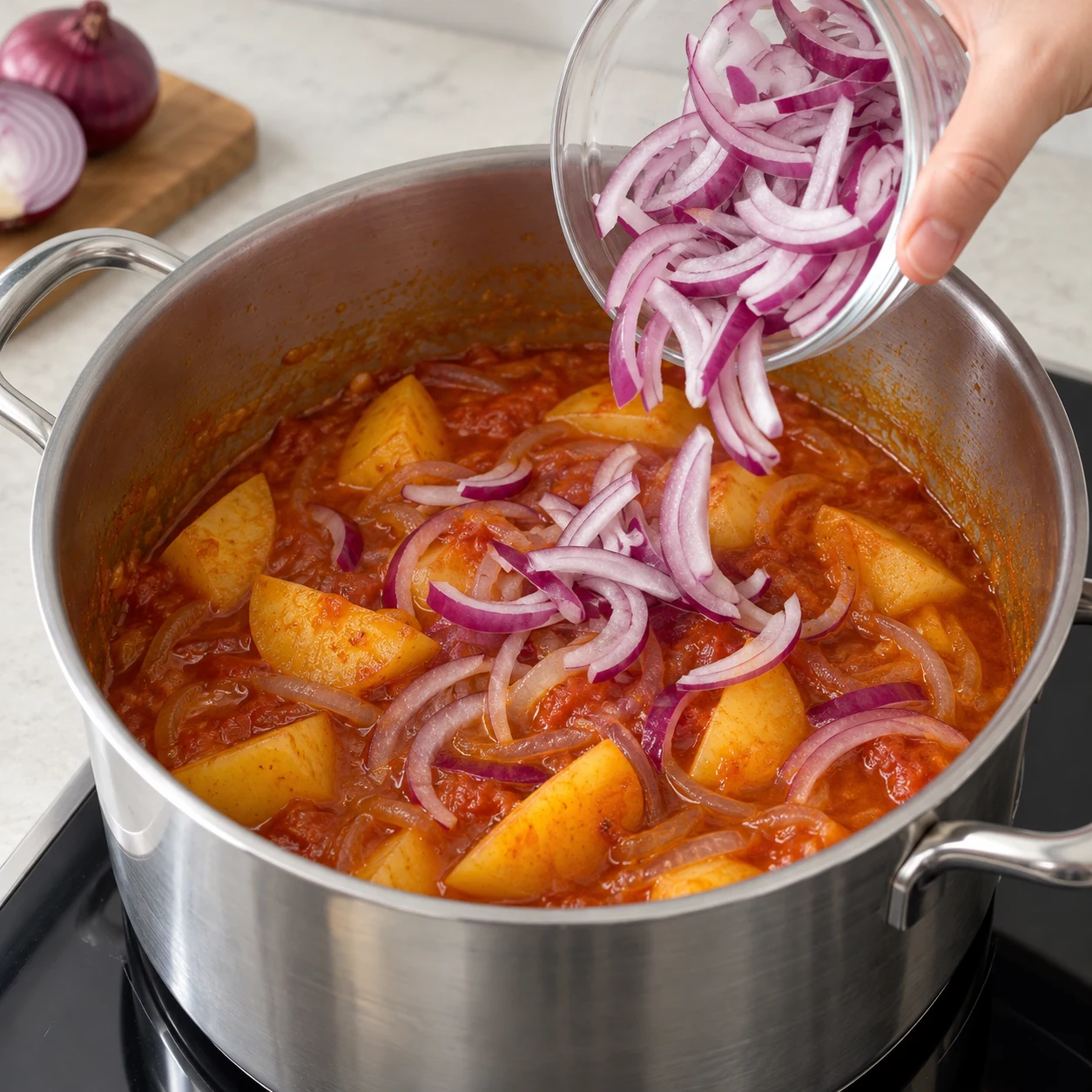 Photographie culinaire carrée de cette seule action : Ajouter l’oignon rouge. Lamelles rouges réparties dans la sauce. Aucun poulet ni produit animal.