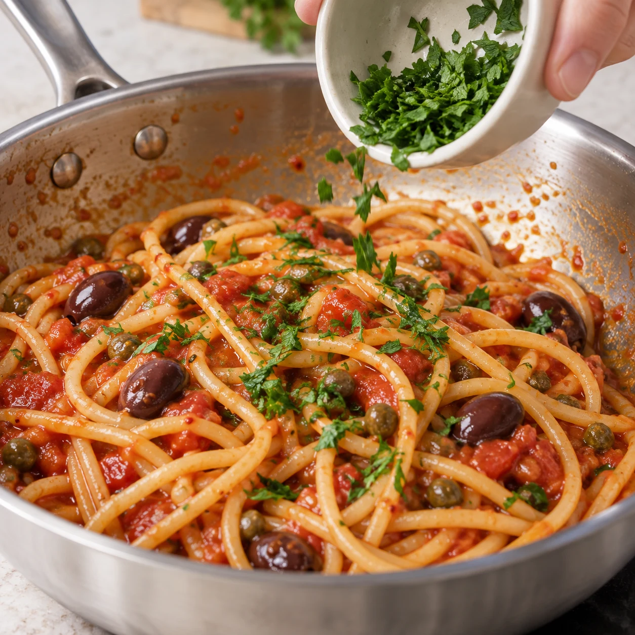 Persil ciselé parsemé sur les spaghetti à la tomate, olives et câpres dans la poêle.