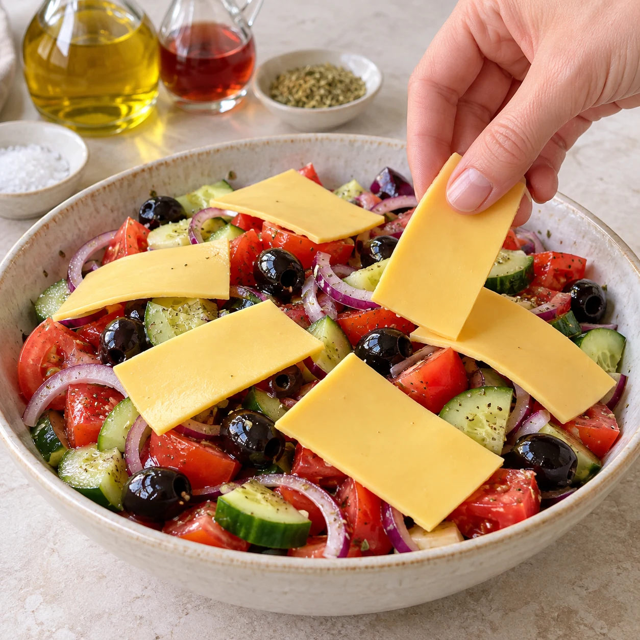 Une main dépose plusieurs fines tranches végétales jaunes sur la salade, sans bloc blanc.