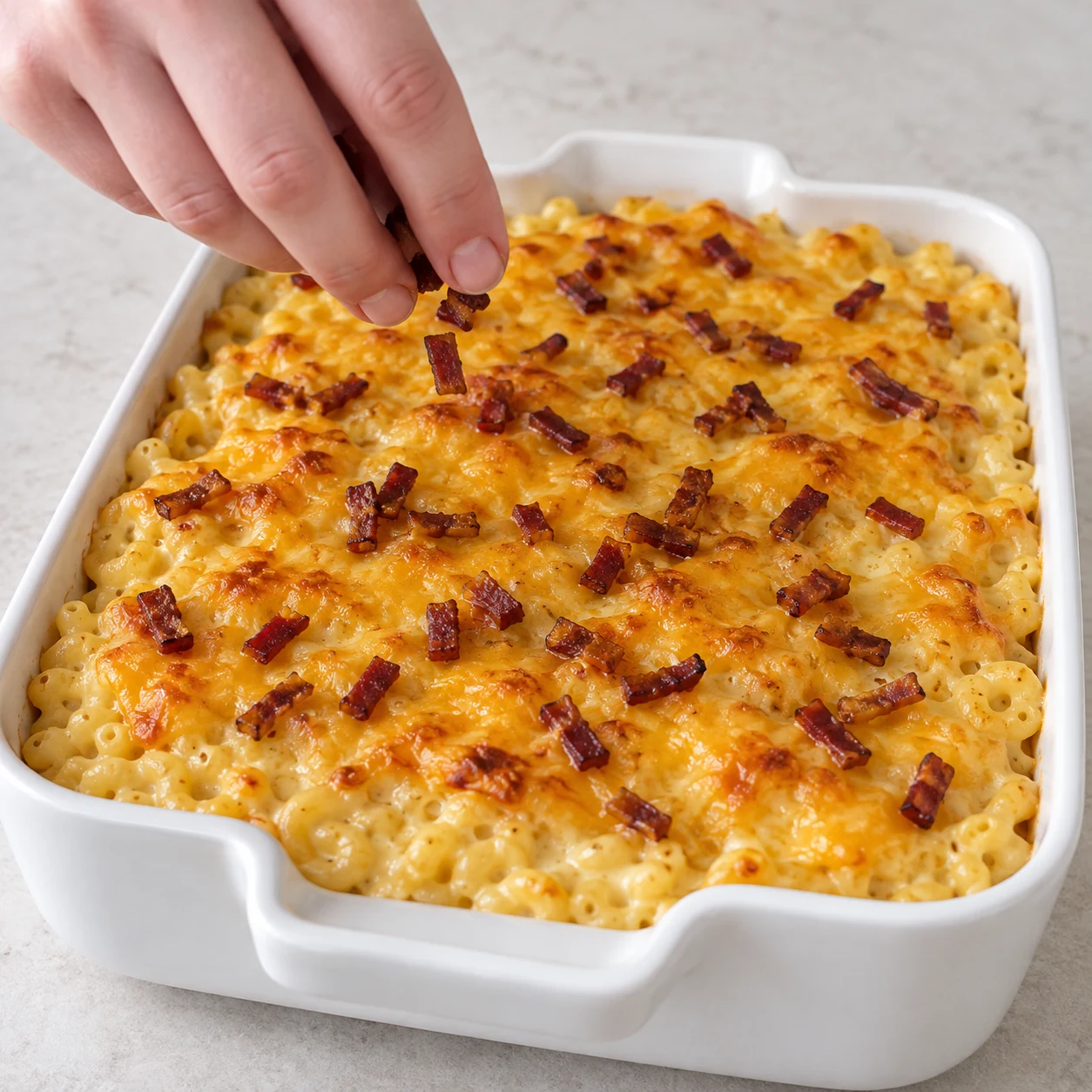 Main anonyme parsème quelques petits lardons fumés sur plat gratiné.