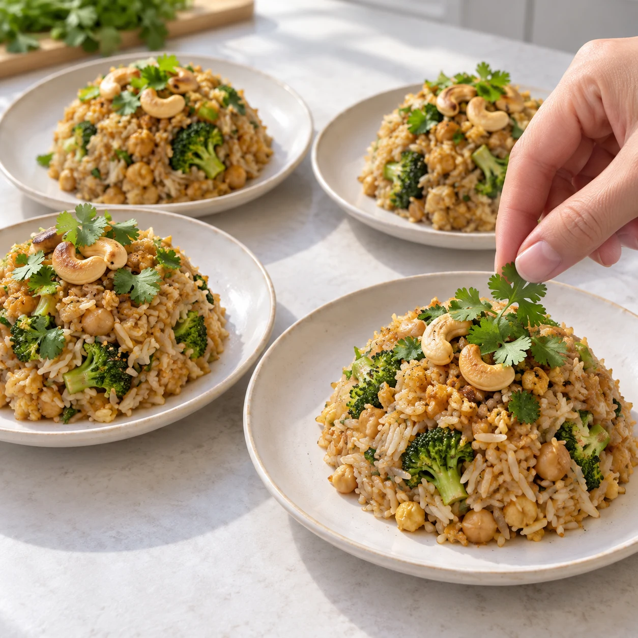 Dôme de riz sauté légèrement brun avec petits morceaux de brocoli et pois chiches écrasés, quelques cajous grillées non salées et feuilles de coriandre ; main anonyme de dressage.