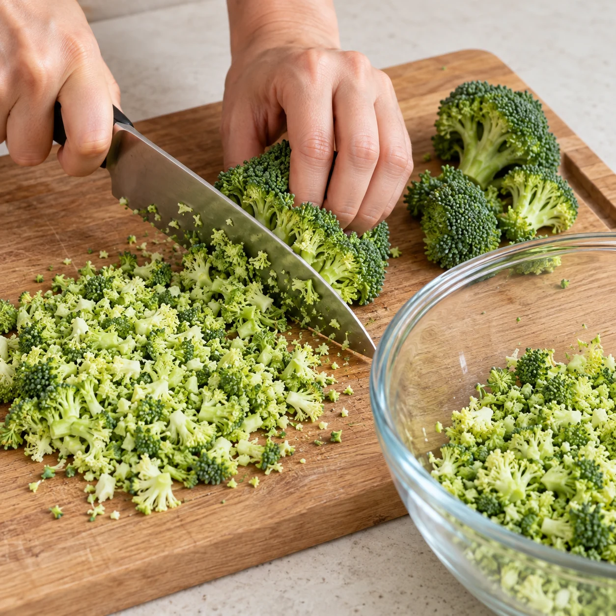 Hacher le brocoli : La touffe est réduite en petits grains verts et petites fleurettes, sans gros pied. Montrer seulement les ingrédients présents à ce stade, mains adultes anonymes si le geste le nécessite.
