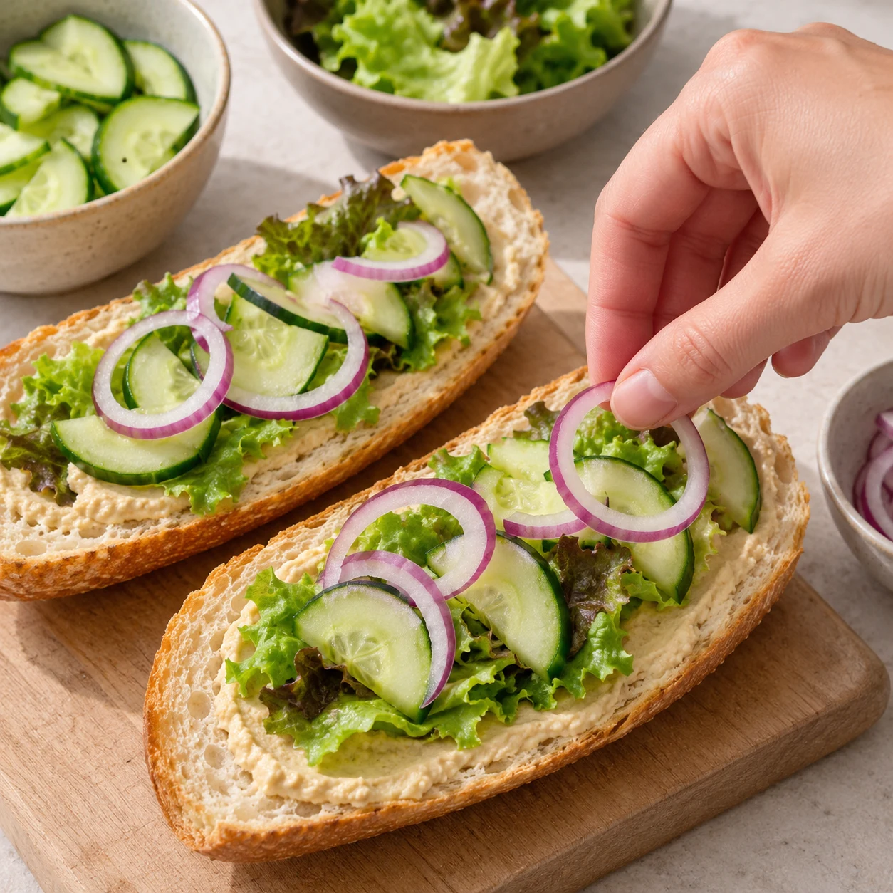 Fines rondelles d’oignon rouge ajoutées aux crudités du sandwich.