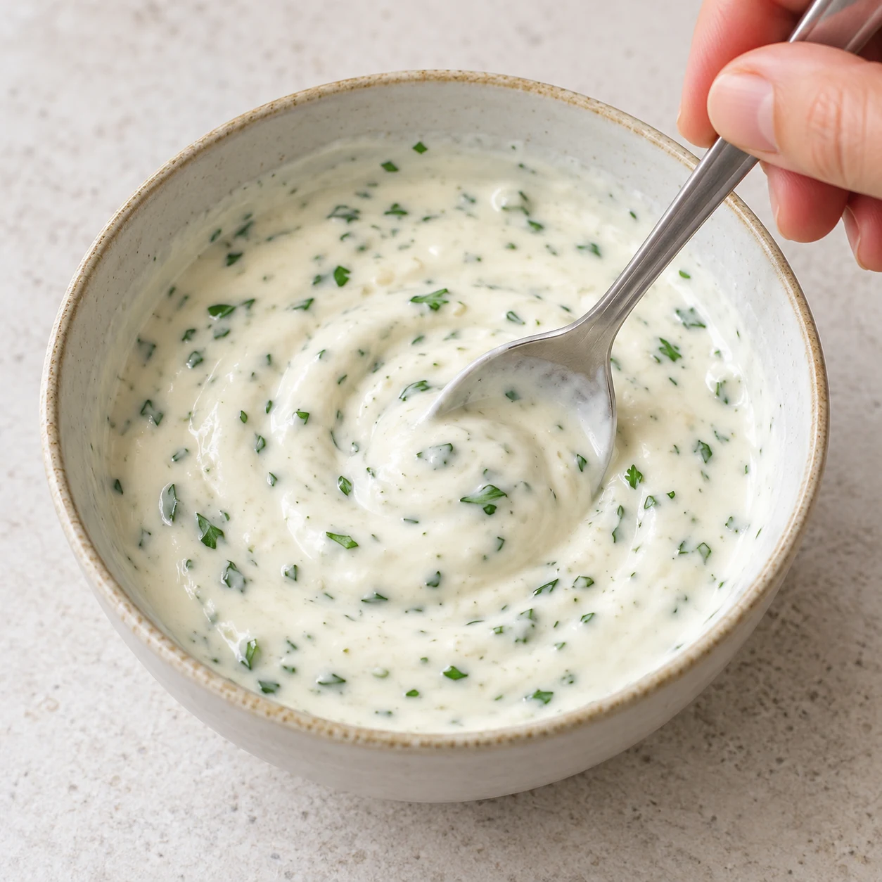 Petit bol de sauce blanche crémeuse avec fines touches vertes, mélangée à la cuillère par une main adulte.
