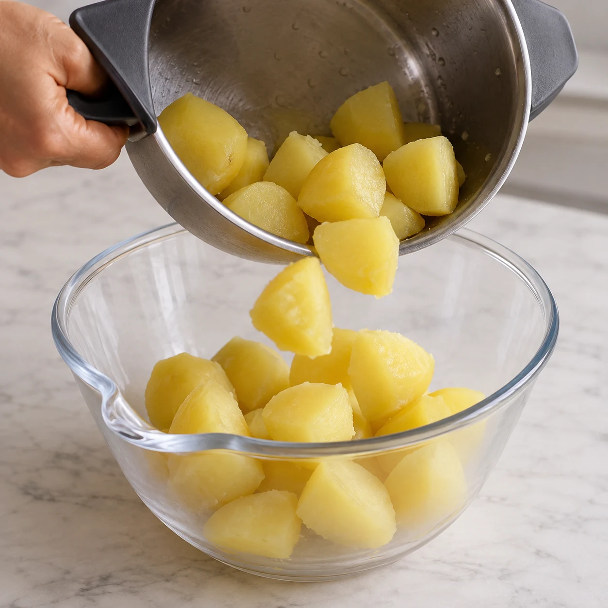 Égoutte les pommes de terre cuites et place-les dans un saladier. Montrer le geste et l’état attendu : Les pommes de terre sont dans le saladier sans eau de cuisson.