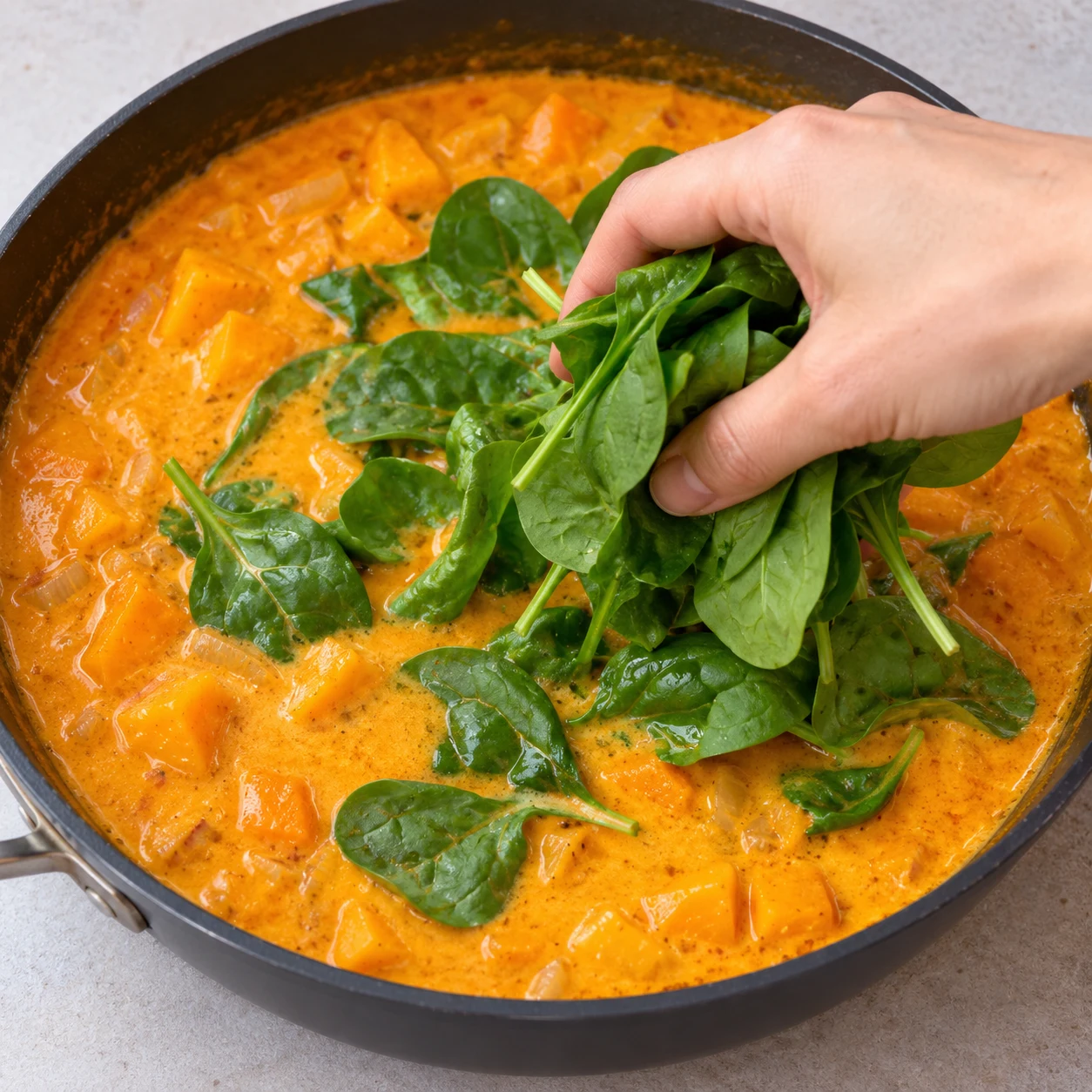 Main anonyme déposant une poignée de feuilles d’épinards vertes dans la sauce orange aux cubes de courge.