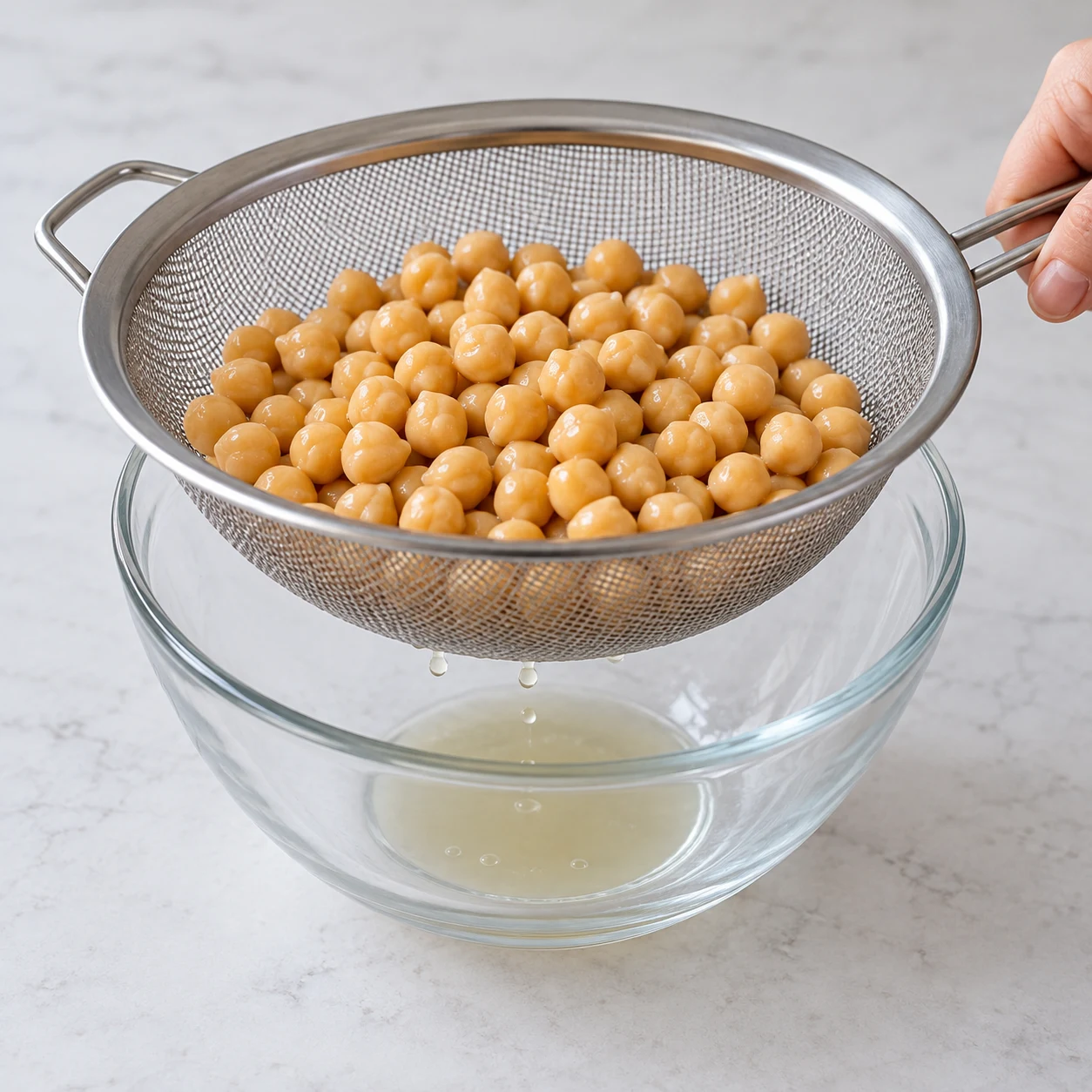 Égoutter les pois chiches : Le liquide ne coule plus en filet.