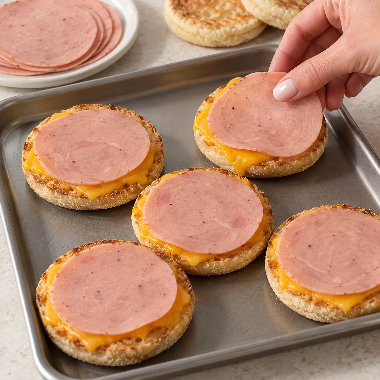 Fine tranche de jambon végétal déposée sur une base de muffin anglais au fromage végétal orange assoupli ; aucune farce encore.