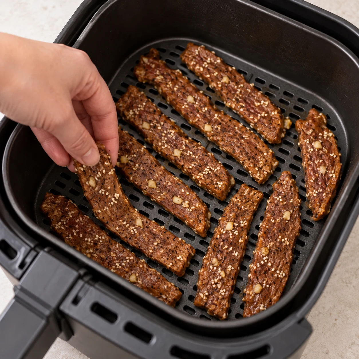 Dispose les bandes marinées en une couche dans le panier de la friteuse à air.