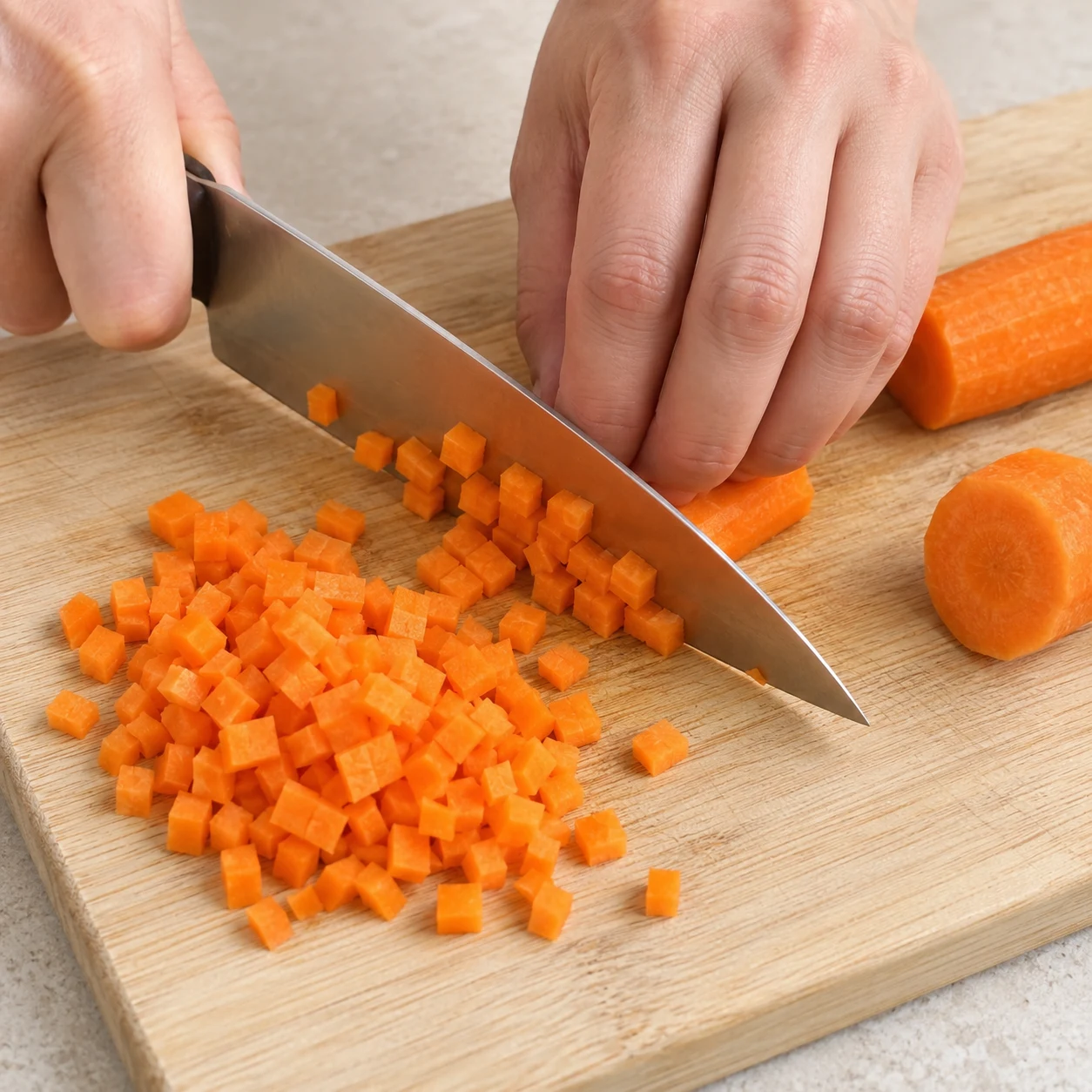 Une carotte taillée en petits dés avec couteau, prise en griffe sûre.