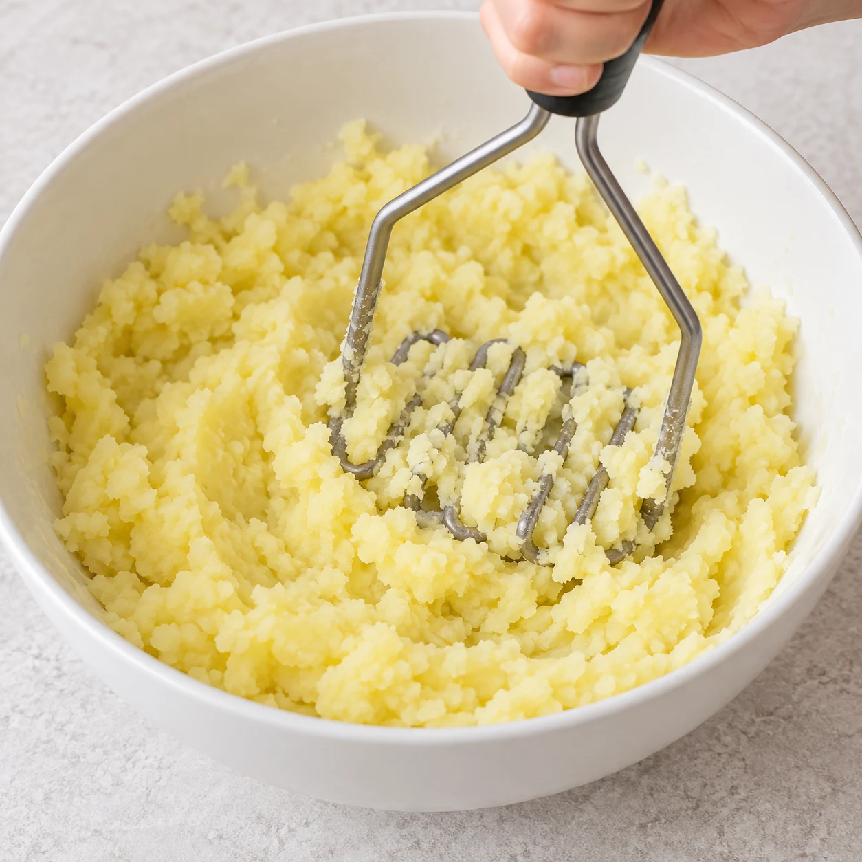 Photographie pédagogique de cette seule action : Dans un saladier, écrase 640 g de pommes de terre cuites et épluchées avec un presse-purée ou une fourchette. État final : La chair est écrasée et ne présente plus de gros morceaux. Aucun ingrédient supplémentaire ni personne identifiable.