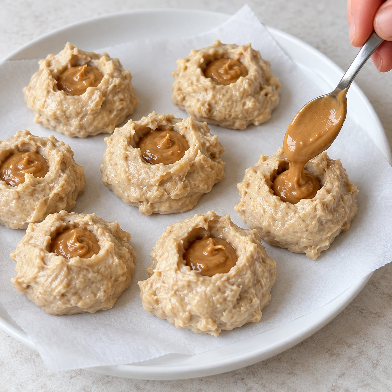 Une petite cuillère dépose la purée de cacahuète au centre d’un petit dôme creusé.