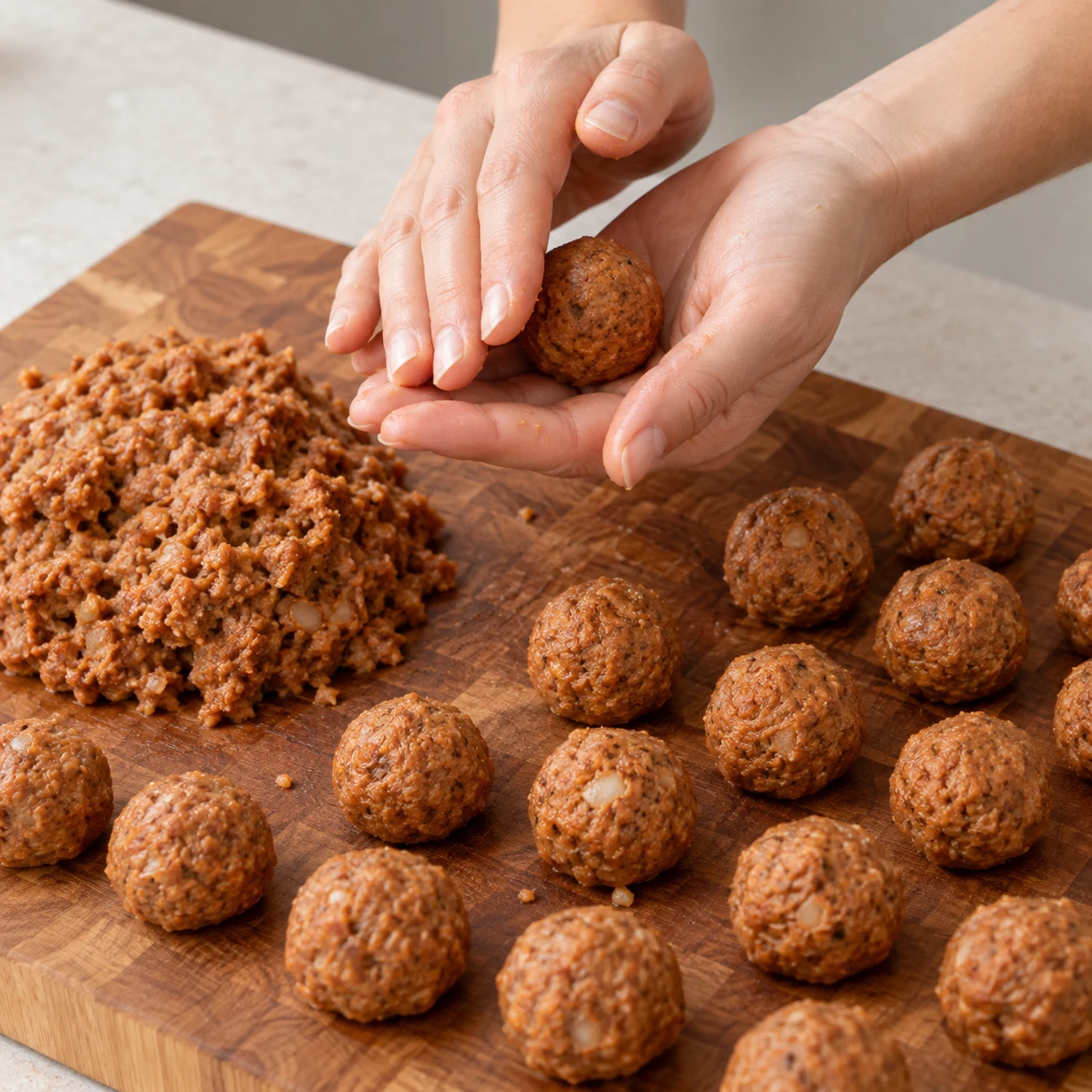 Façonnez la pâte en petites boulettes avec les paumes des mains, comme dans la vidéo. Le rendement annoncé est d’environ 30 boulettes.