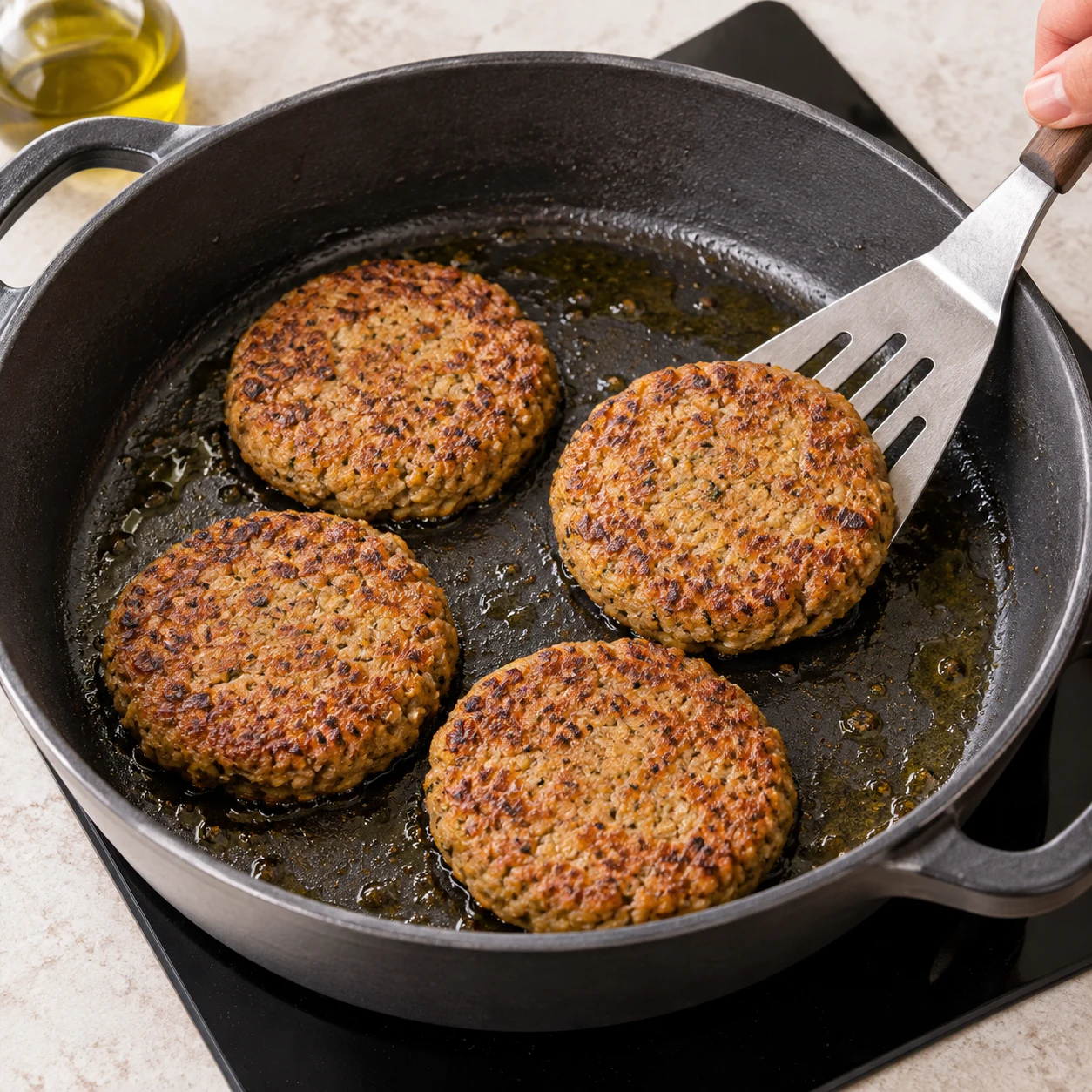 Fais cuire les steaks végétaux entiers dans l’huile chaude à feu moyen pendant 8 minutes, 4 minutes de chaque côté, selon la notice du produit frais ou décongelé. Procède en plusieurs fournées si la cocotte est trop petite. État à montrer : Les deux faces sont dorées et les steaks sont cuits à cœur.