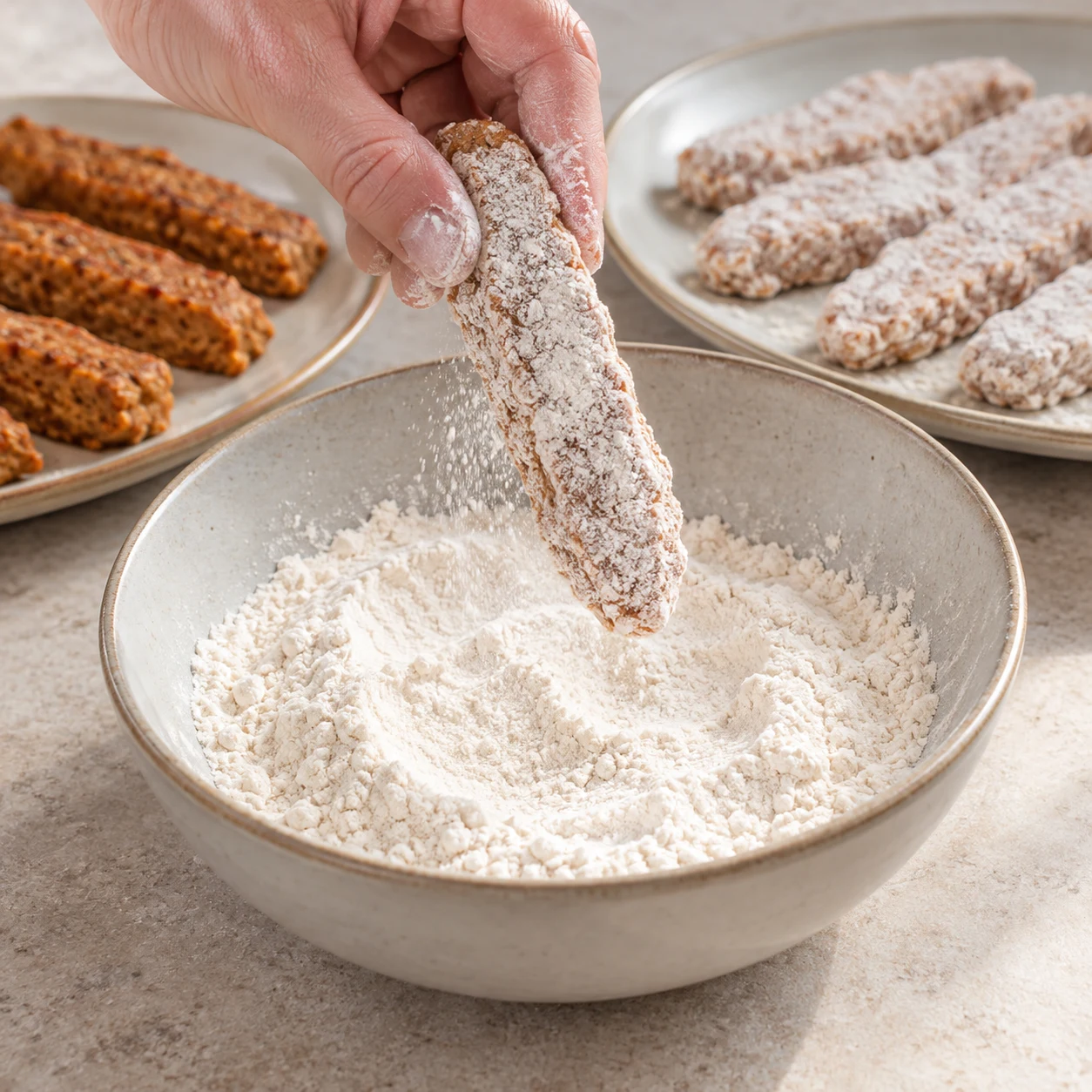 Versez les 40 g de farine dans un récipient. Passez chaque bâtonnet assaisonné dans cette farine, puis secouez doucement l’excédent. Une seule phase de préparation. Gros plan carré sur les aliments et le geste ; mains adultes anonymes uniquement si nécessaire.