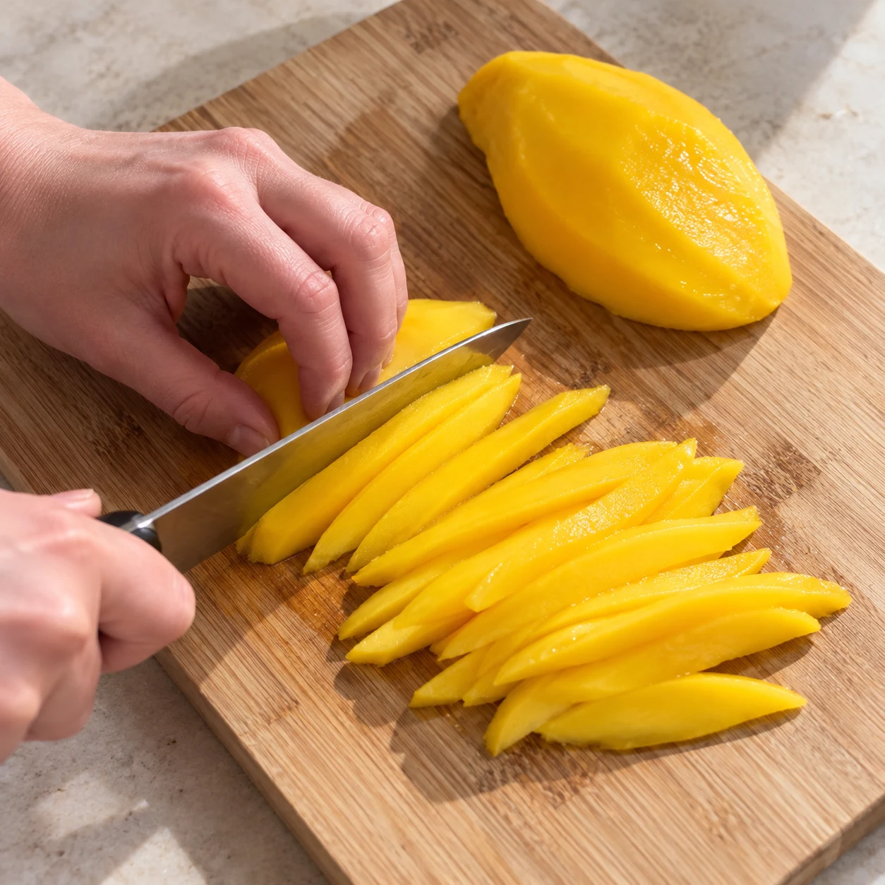 Une seule action : Tailler la mangue. La chair est séparée de la peau et du noyau, en lamelles souples. Seulement Mangue bien mûre. Toute enveloppe est de la laitue verte opaque. Supprimer toute feuille de riz et toute crevette de la capture de référence.