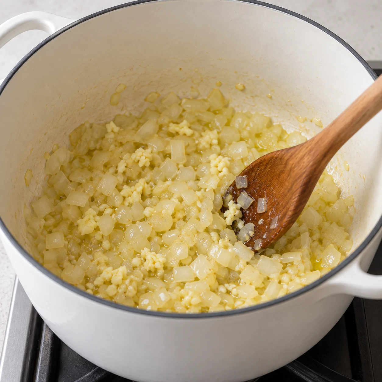 Ail écrasé ajouté à l’oignon translucide dans une cocotte ; aucune viande.