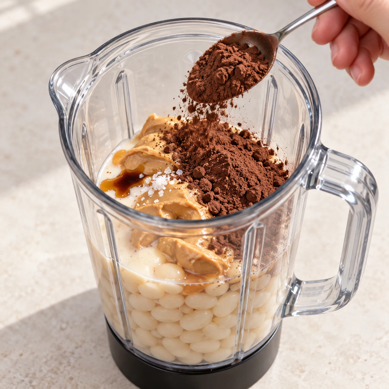 Place les mogettes, le sirop d’érable, la purée de cacahuète, la boisson au soja, l’arôme vanille, la grosse pincée de sel et le cacao dans le blender.