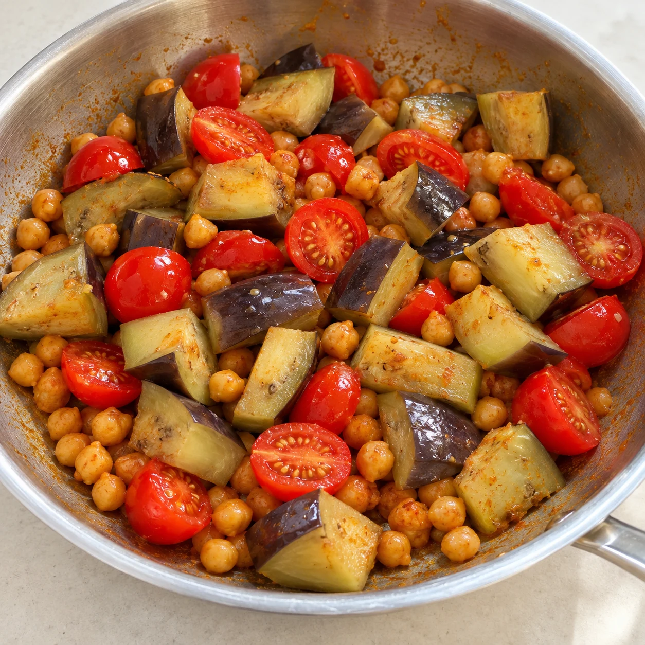 Morceaux d’aubergine et tomates cerises versés dans la poêle de pois chiches.