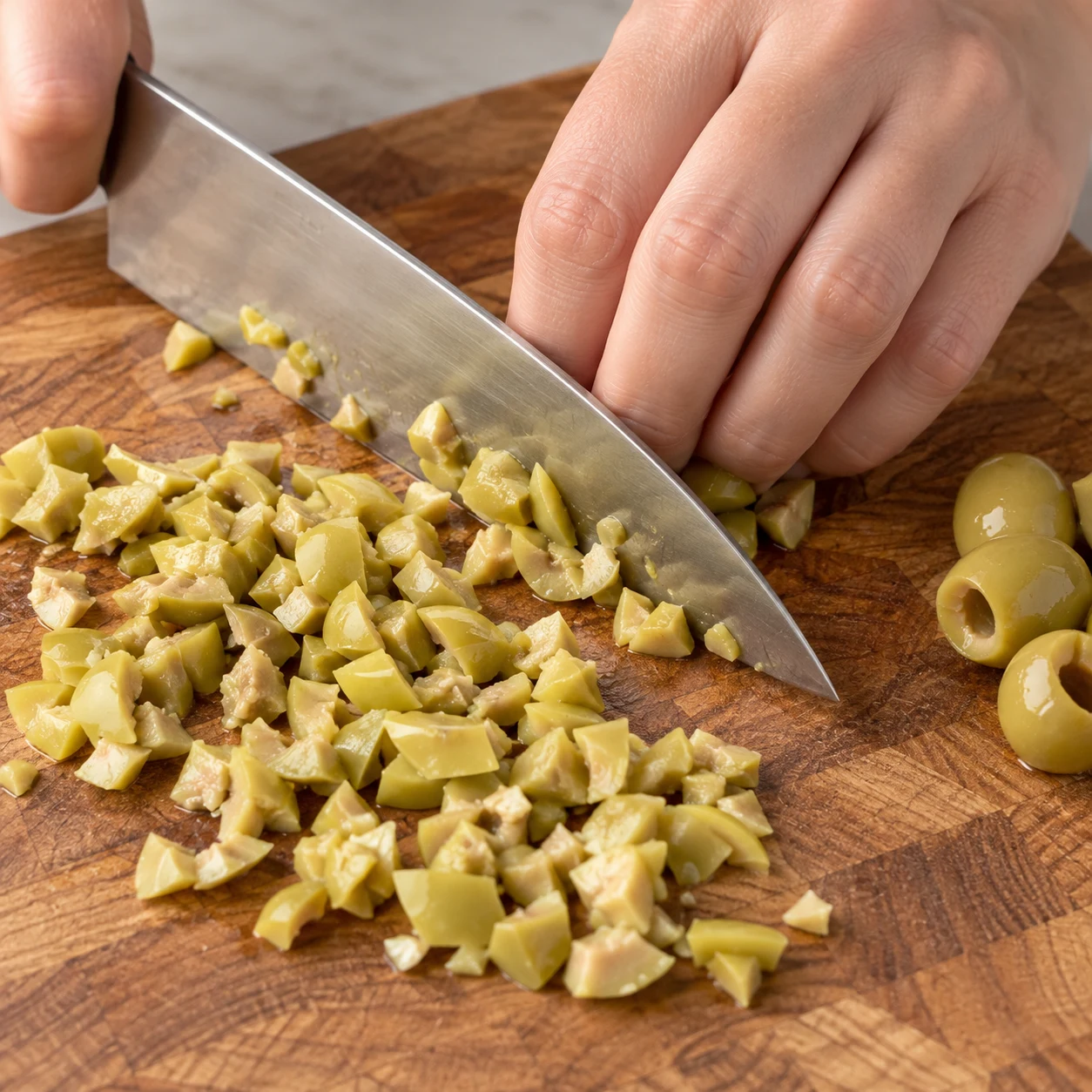 Mains anonymes hachant finement des olives vertes dénoyautées, prise en griffe sûre.