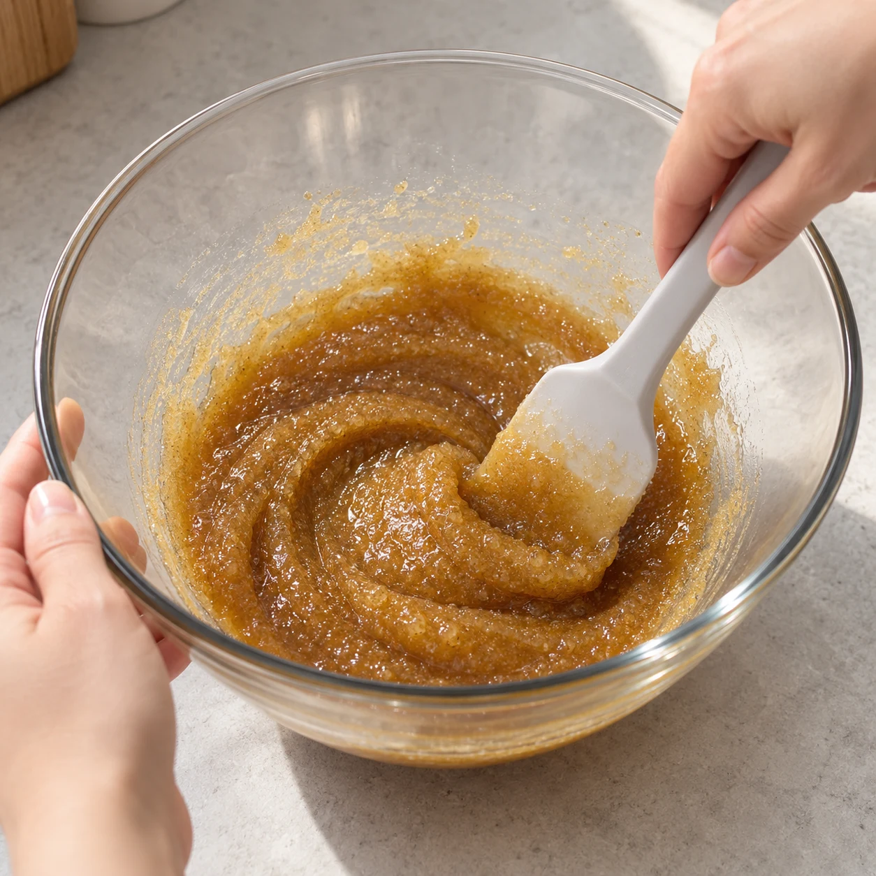 Spatule mélangeant sucres et margarine fondue dans un saladier en verre ; mélange brun brillant.