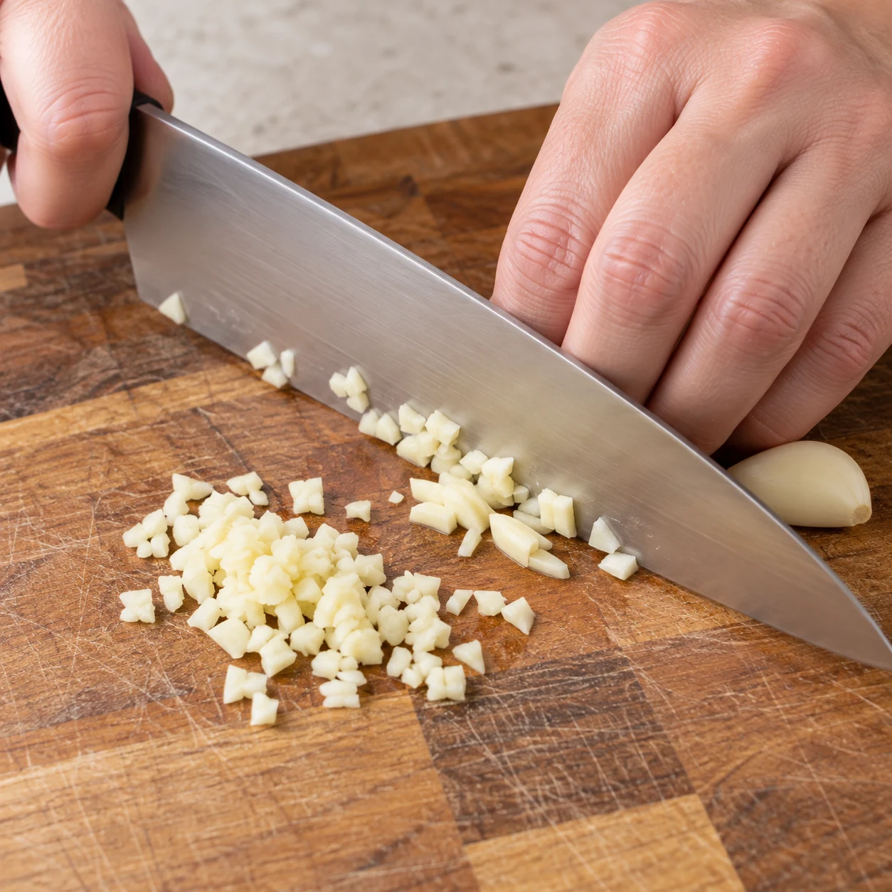 Hachez la gousse d’ail finement. Montrer seulement l’action et cet état de cuisson.