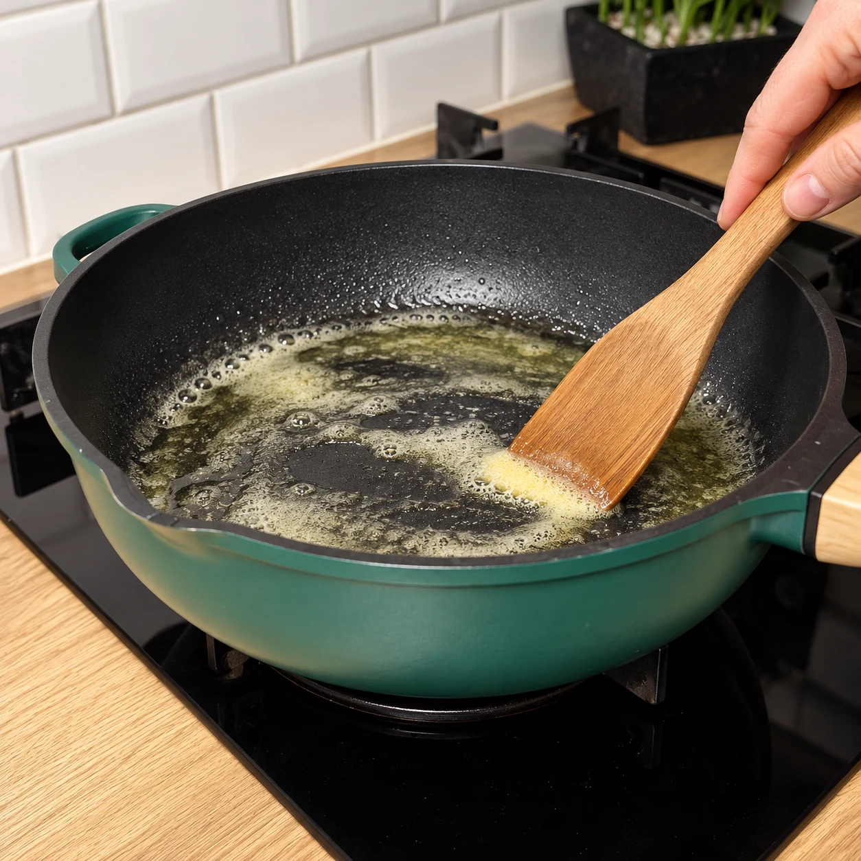 Faire fondre la margarine : La margarine forme un film fondu dans le fond de la poêle.