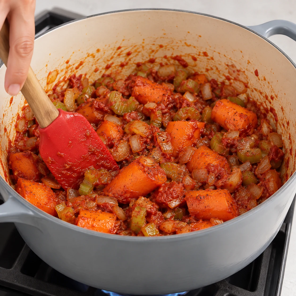 Spatule mélangeant les légumes avec le concentré.