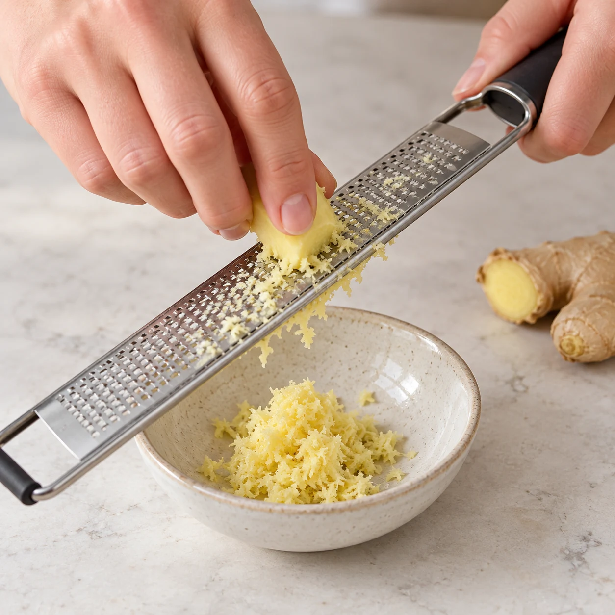 Gingembre seul râpé avec une râpe fine au-dessus d’une petite coupelle, main éloignée de la surface coupante.