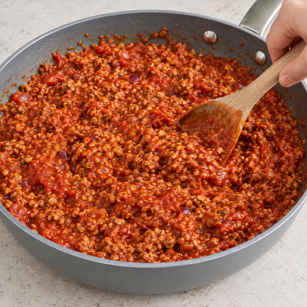 Verse les 500 g de sauce tomate dans la sauteuse et mélange au haché. Montrer seulement les ingrédients de cette phase ; mains anonymes, sauteuse grise et plan de travail pierre pâle.