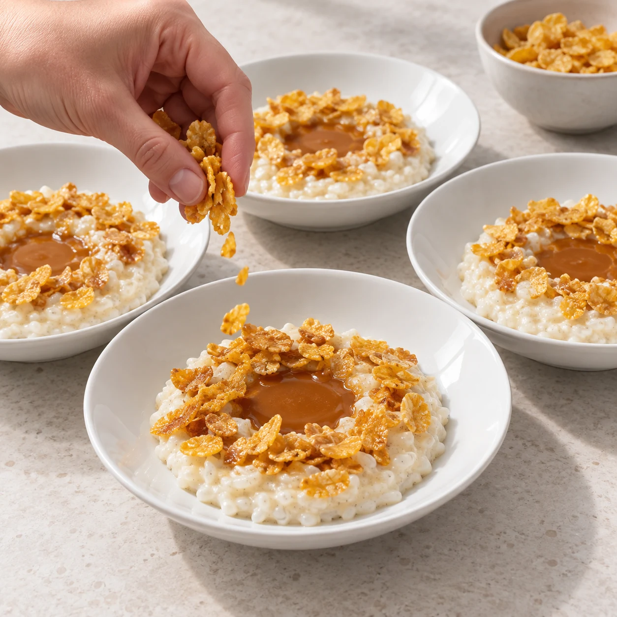 Riz vanillé crémeux, caramel central et pétales de maïs caramélisés en finition.