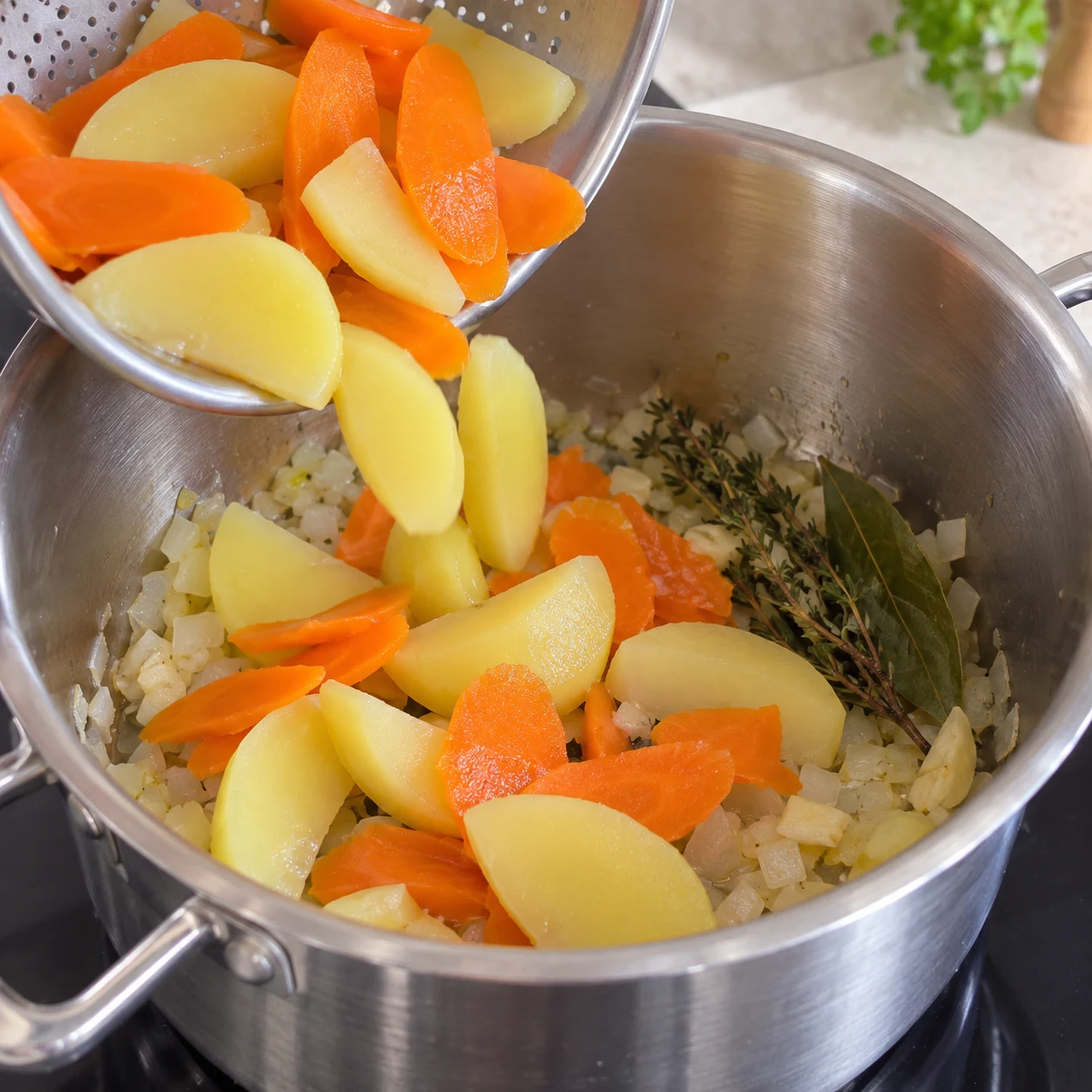 Légumes blanchis versés dans la casserole.