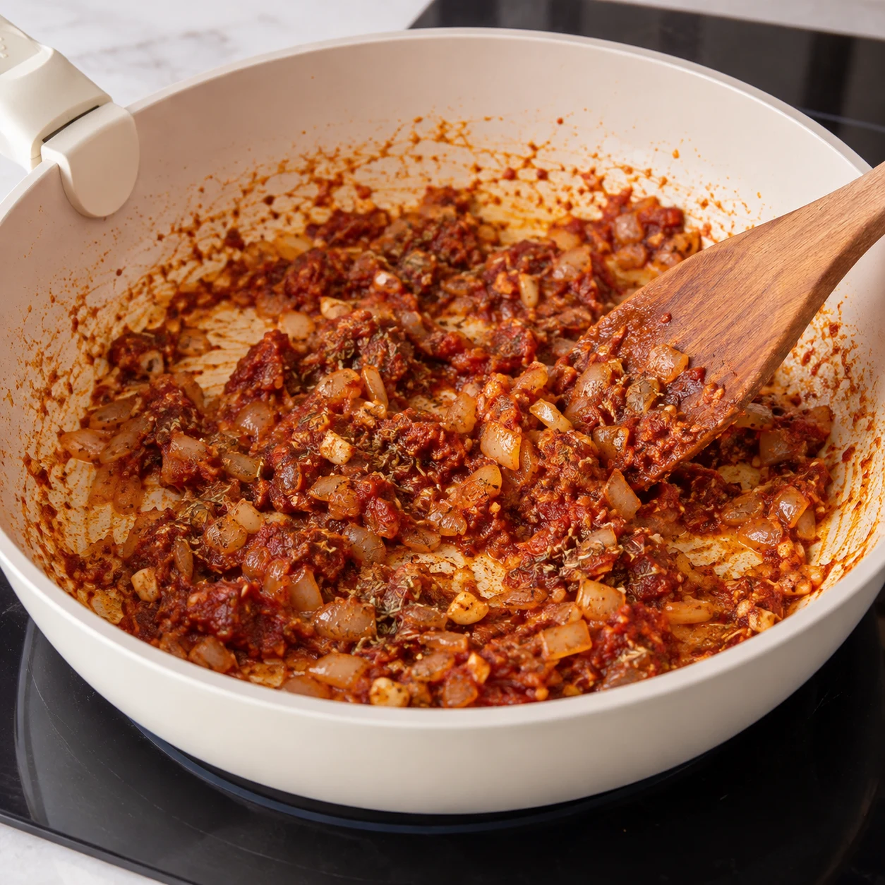 Mélange rouge brun de concentré de tomate et épices sur les oignons.