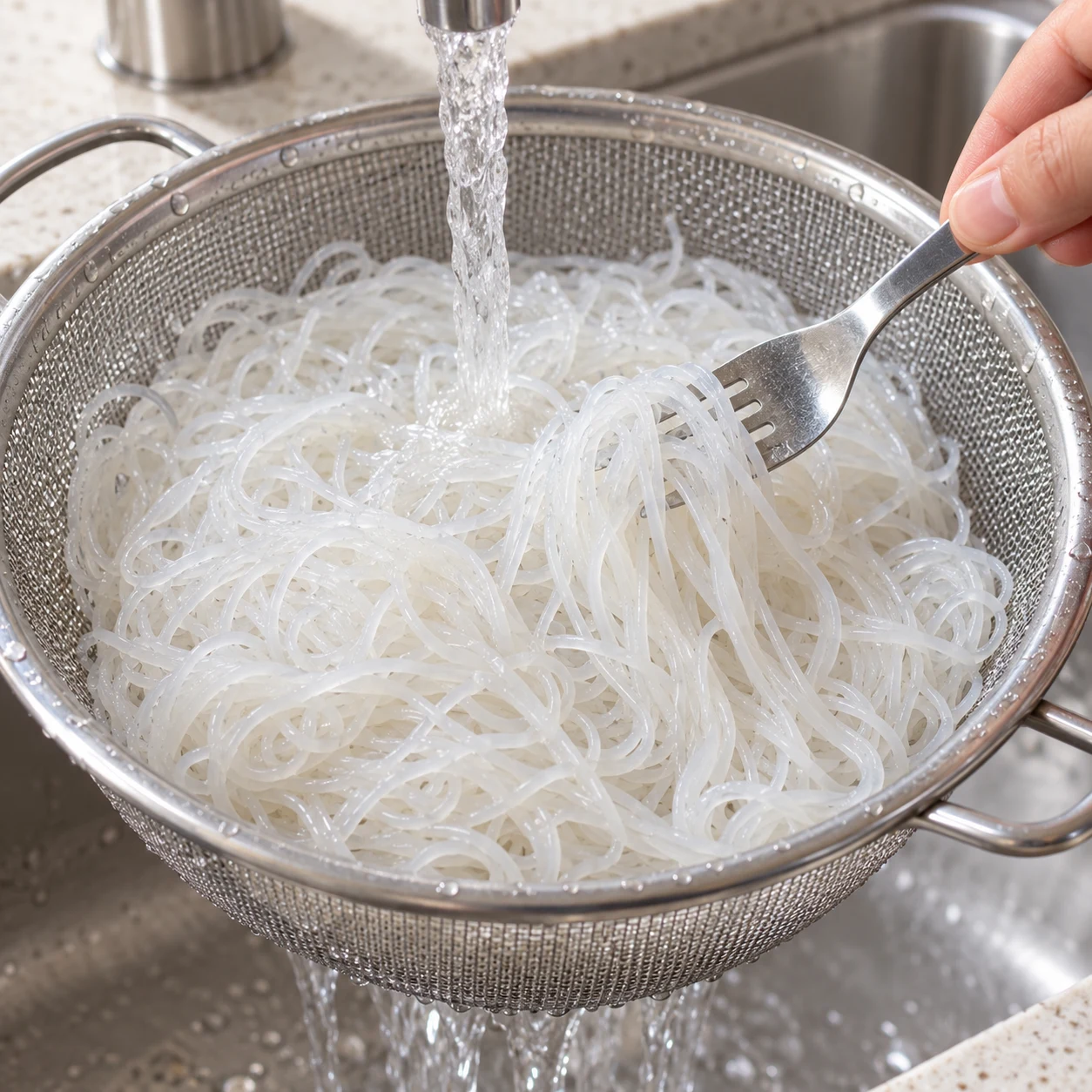Vermicelles de riz fins et blancs égouttés dans une passoire sous un filet d’eau froide.